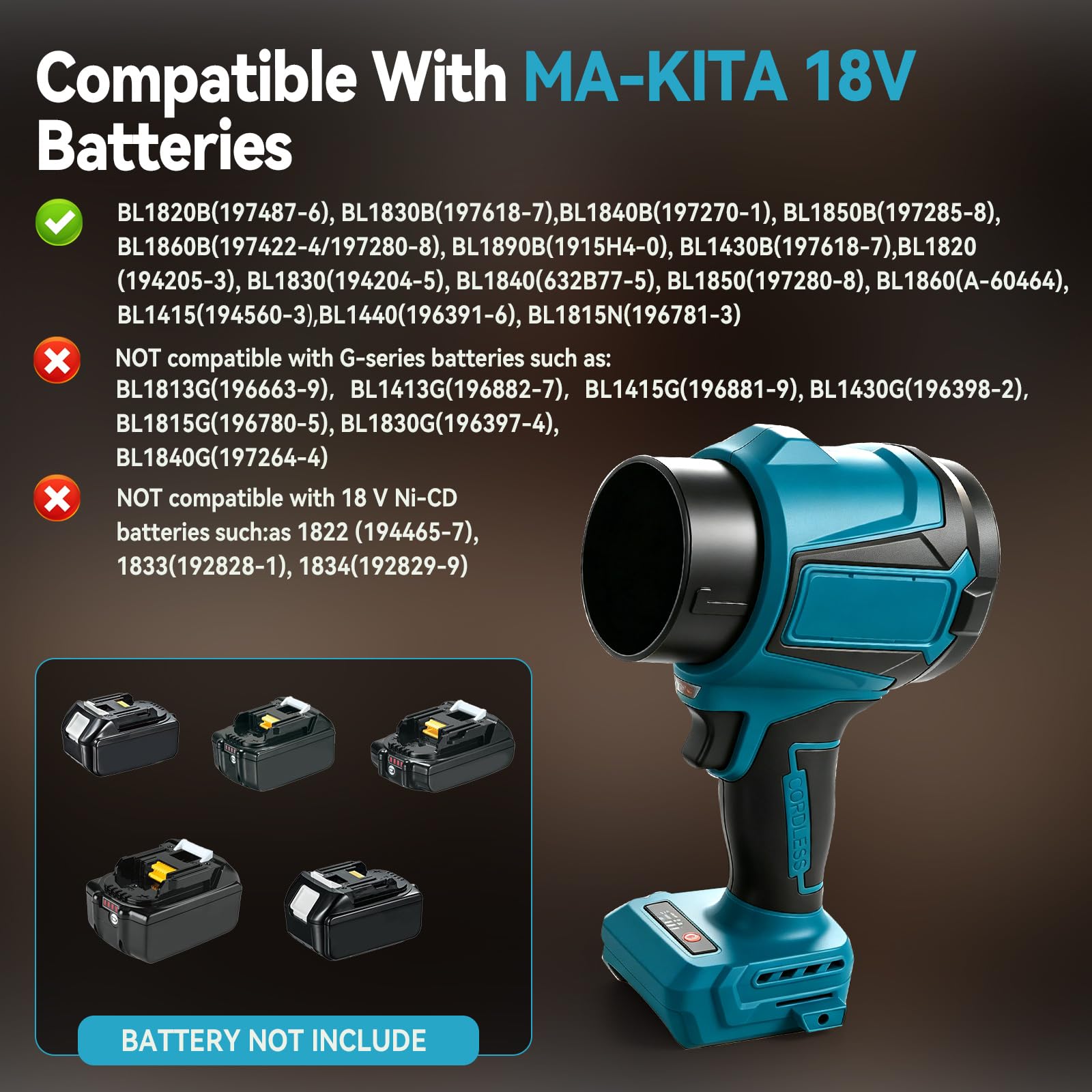 Soffiatore per foglie senza fili compatibile con batterie Makita da 18 V, mini ventilatore da 38.000 giri/min, motore brushless, controllo della velocità variabile, soffiatore portatile leggero per