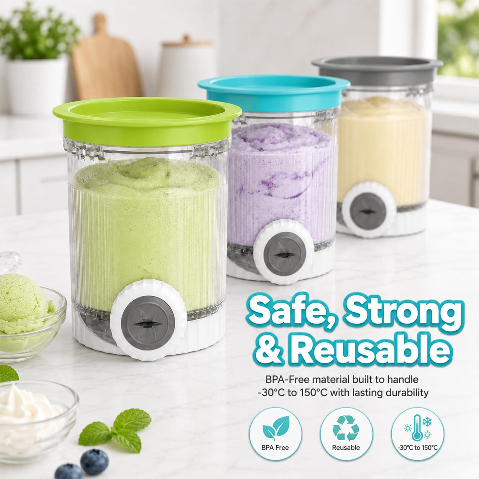 Juego de 4 recipientes compatibles con Ninja Swirl by CREAMi NC700 NC701 Serie, 473 ml, Recipiente para Hielo con Tapas de Colores y boquillas para máquina de Hielo, Vasos de Repuesto sin