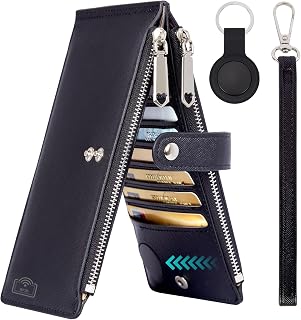 COSHAYSOO Women RFID Wallet Wristlet & Tracker Tag for iOS Apple Find My | Black Long PU Leather Slim 16 Cards Holder, Apple MFi Certified Locator Air Bluetooth Worldwide Tracking Smart Item Finder