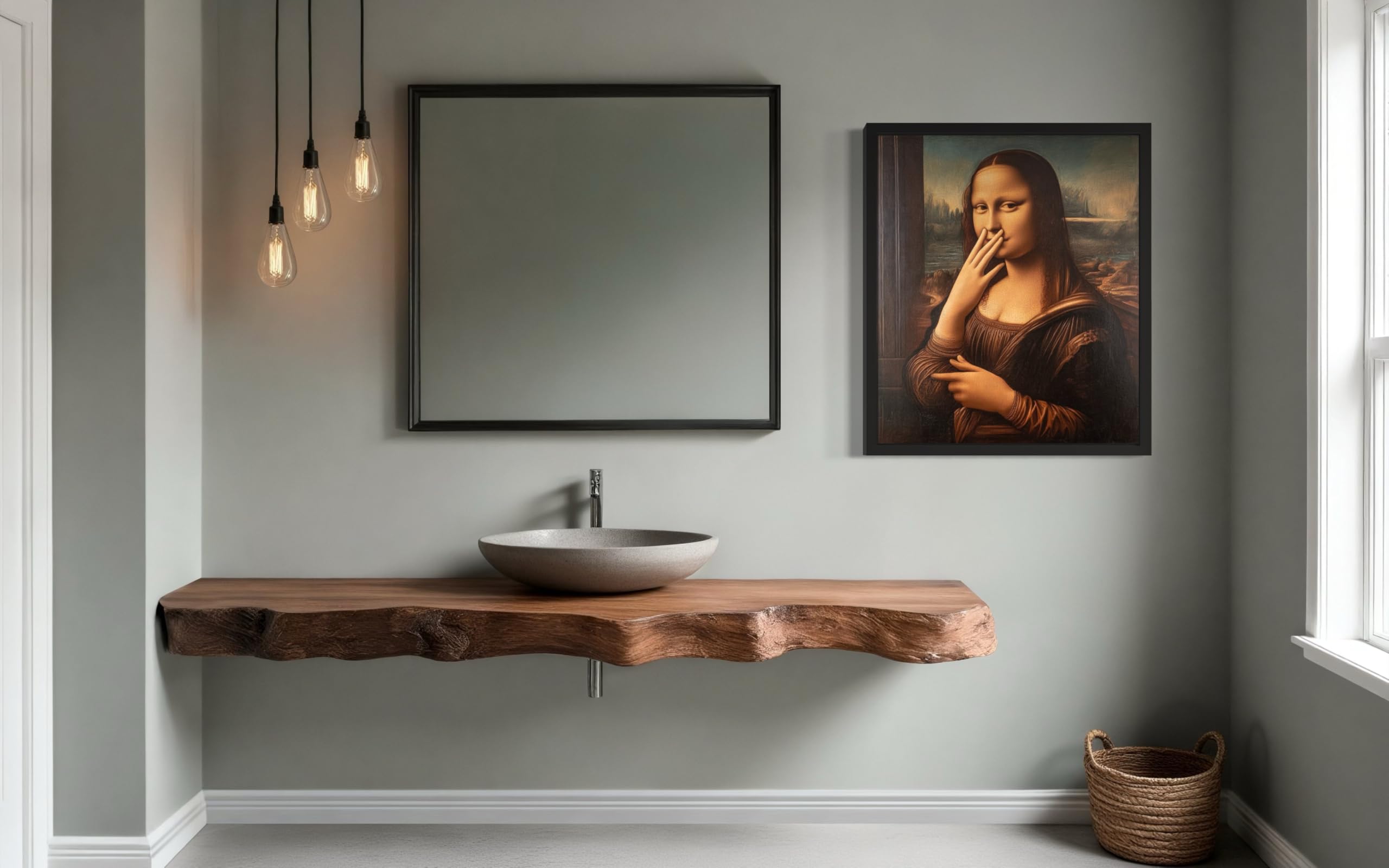 Funny Mona Lisa Bathroom Wall Art Poster - Framed Canvas Print, 30x42cm, Colorful Modern