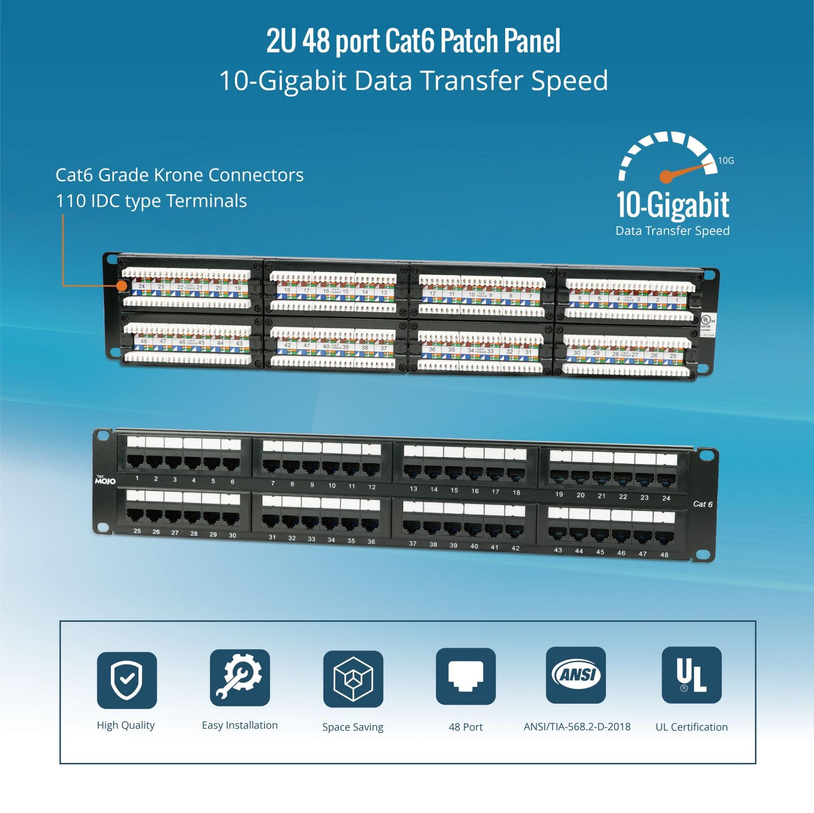 Tecmojo Pannello patch Cat6 a 48 porte elencato UL, Patch Panel di rete 2U per apparecchiature per montaggio su rack da 19", supporto 10G, non schermato