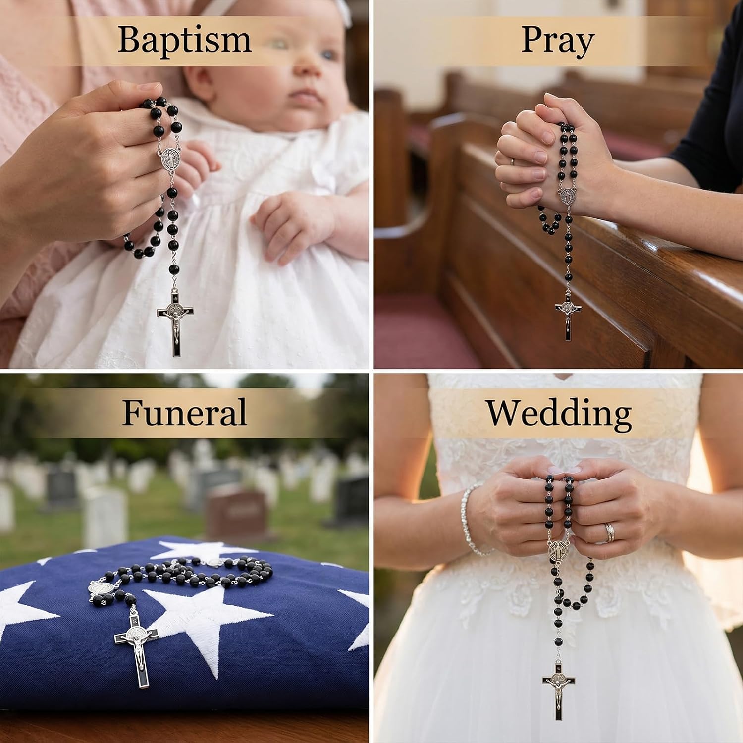 12 Pcs Catholic Rosary Black Baptism Favors Bulk Rosaries with Organza Bags Baby Shower Wedding Christian Christening Party Supplies Gifts Baptism Decorations