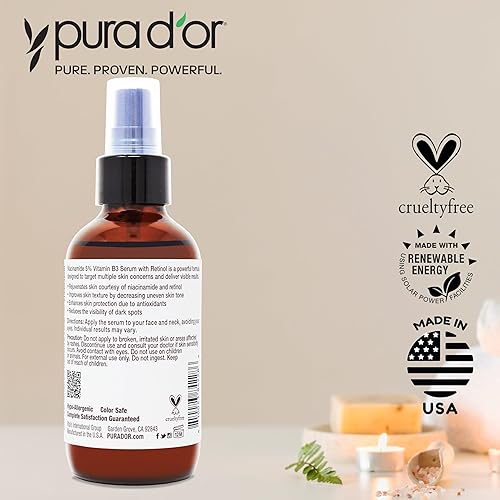 Miniatura 6 de PURA D'OR Suero facial avanzado de niacinamida B3 de 3.3 onzas, fórmula para el cuidado de la piel con retinol para arrugas, hidratación y tez