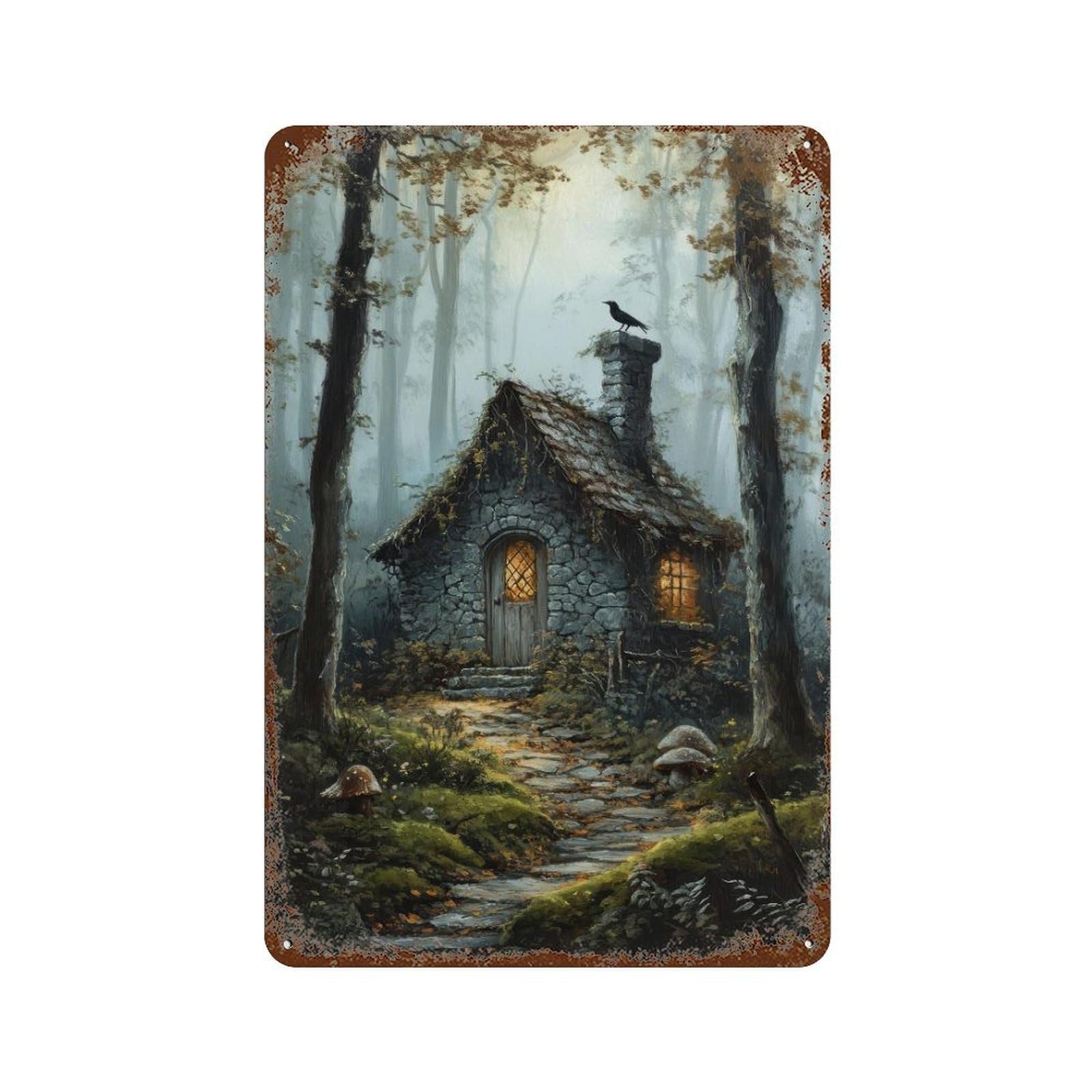 Hidden Forest Cottage Cottagecore Decor Dark Academia Enchanted Woodland Illustration Vintage Nature1 Wall Decor Art Metal Tin Poster Modern Home Decor Art Home Bar Shop Decorations Vintage Sign 30x2