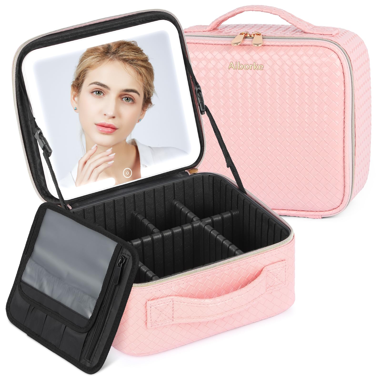Travel Makeup Bag with Led Mirror Make up Case with Lighted Mirror Cosmetic Organizer bag with Adjustable Dividers and 5X Magnifying Mirror Makeup Box Vanity Case for Women
