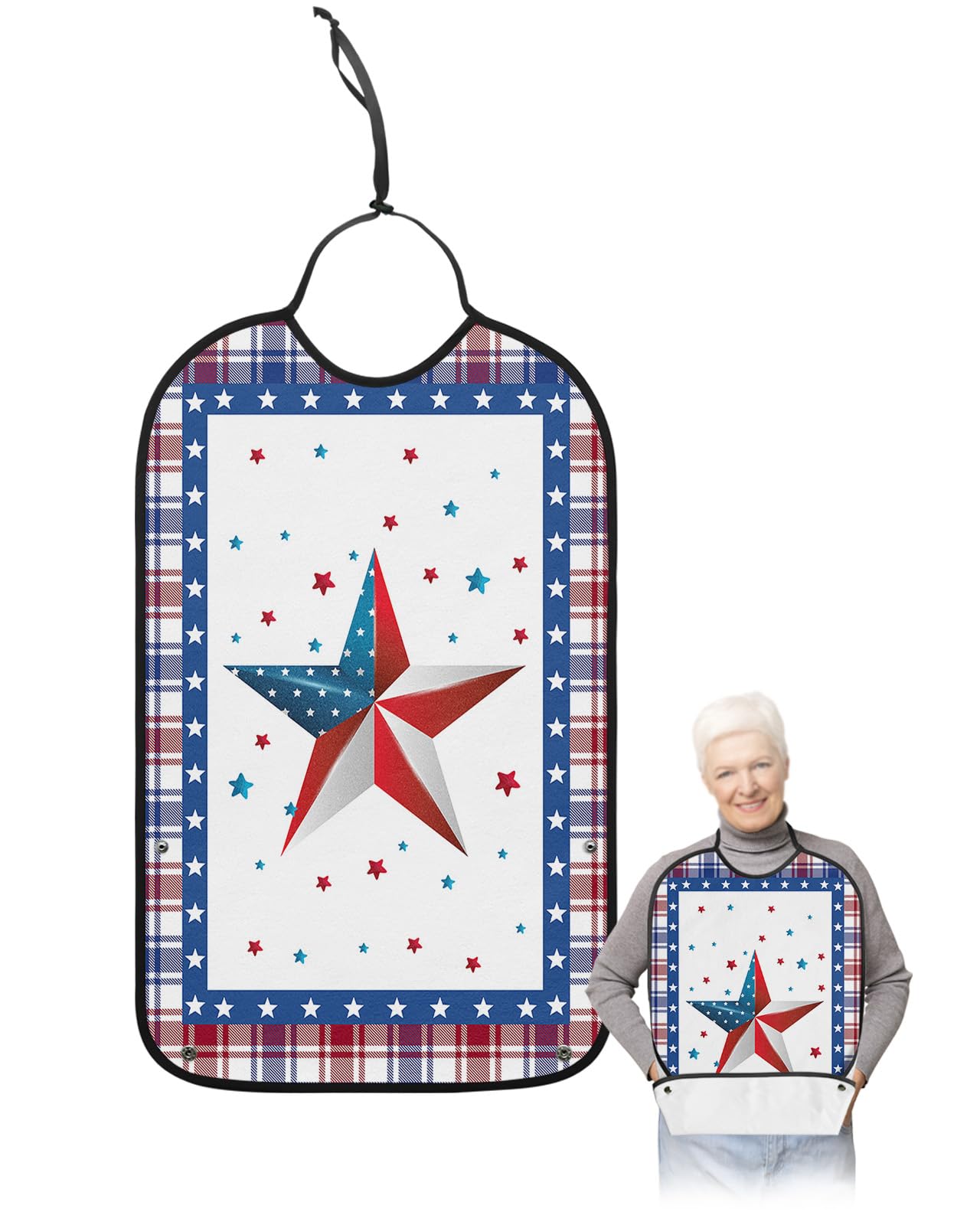 4th of July Adult Bibs for Eating, Waterproof Bibs with Food Catcher & Adjustable Snap Closure, Independence Day Blue Red Checkered Washable Clothing Protectors Adult Bibs for Elderly Women/Men