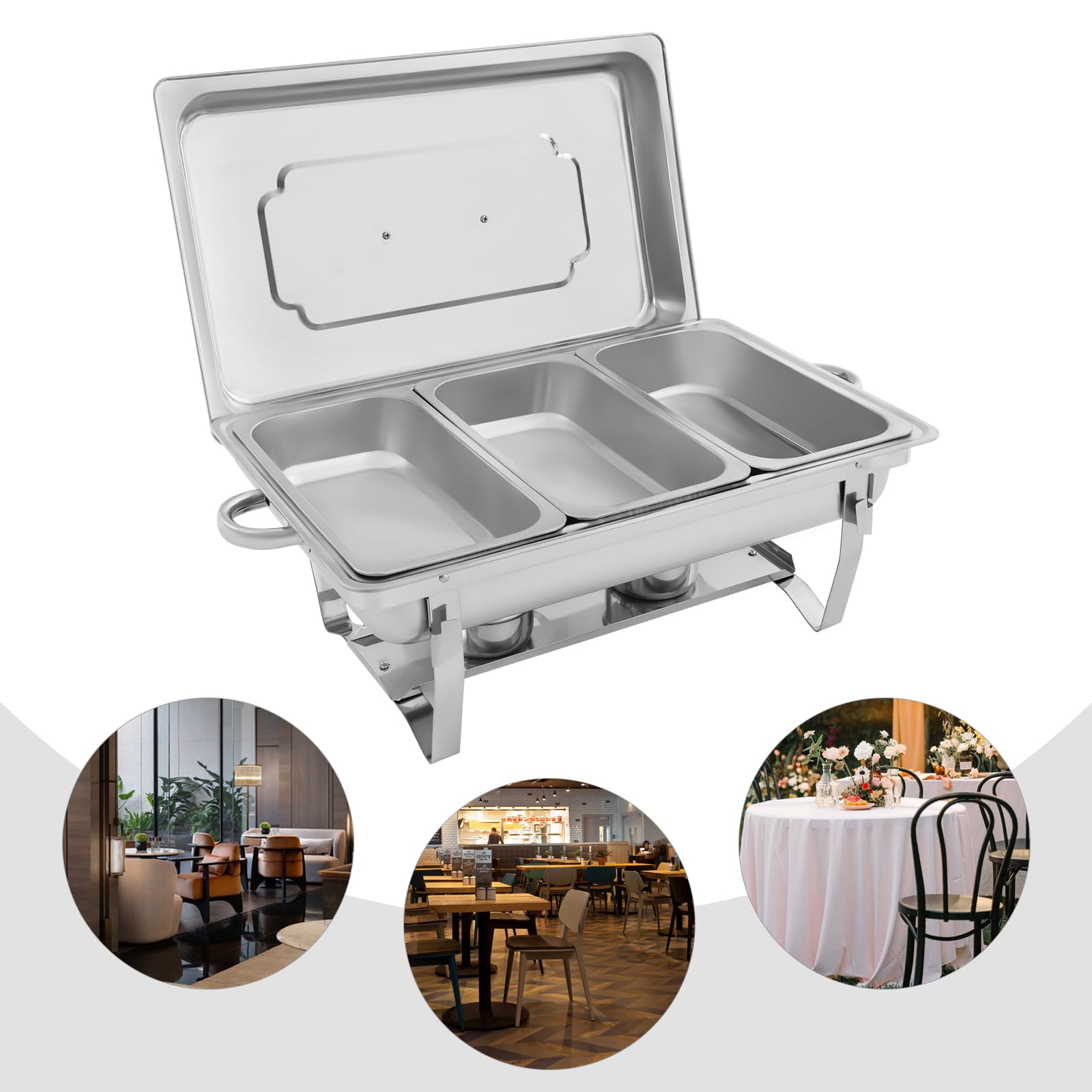 Pojemnik grzewczy Chafing, DSYOGX 9 l, 3 Grid Chafing Dish, zestaw pojemników do podgrzewania potraw ze stali nierdzewnej 410, z pokrywką, do bufetów, brunchów, cateringu, imprez