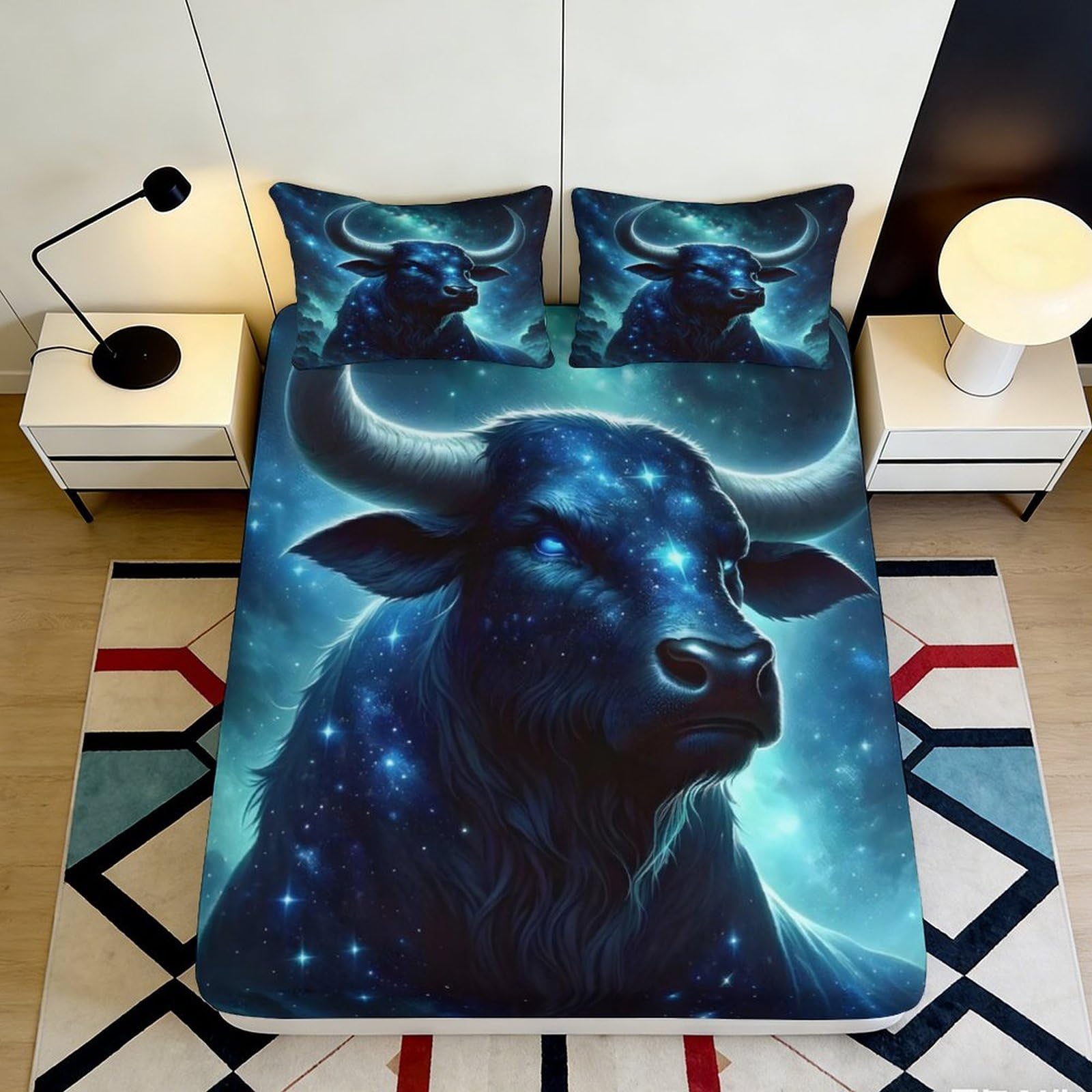 Uynsixtme Style-5 3D Printed Starry Bull Fitted Sheet Microfiber Deep Pocket For Bedroom Bedding Starry Bull Mattress Fitted Cover Washable 200X200x25cm