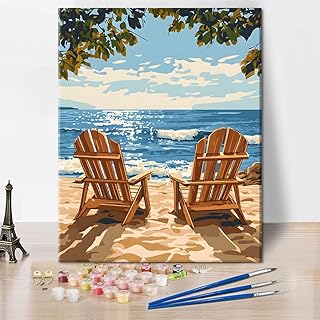 TUMOVO Paint by Numbers Kit for Adults Beginner, Adult Paint by Number Kits - Seaside View with Beach Chairs, Ocean Waves and Sparkling Sunlight, Relaxing DIY Painting by Numbers - 16x20 Inch