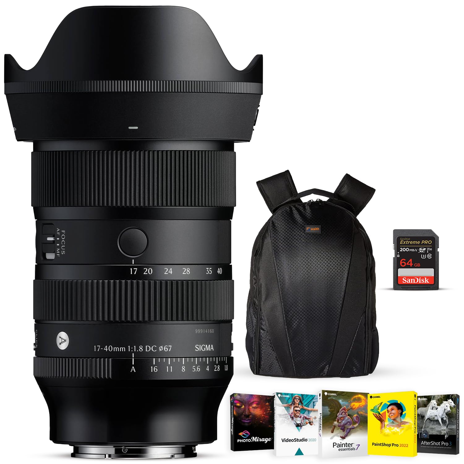 Sigma 17-40mm F1.8 DC Art, Lens for Sony E, Full-Frame Format, Wide Angle Zoom Lens with 64GB Extreme SDXC Memory Card, Corel OEM Photo Video Art Software Kit, and Digital Camera Backpack - Bundle Set