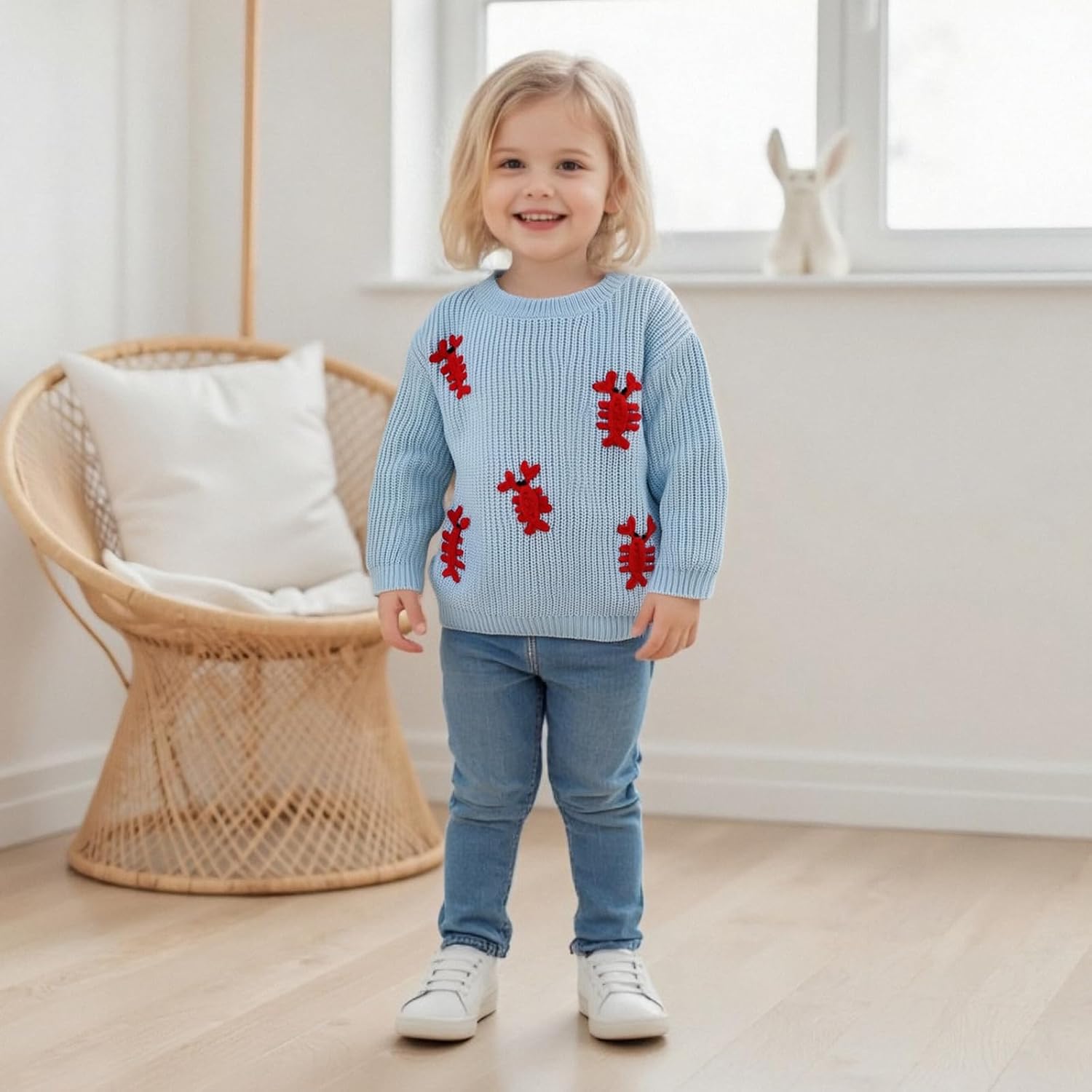 Toddler Baby Boy Girl Lobster Sweater Cute Embroidery Crewneck Knit Pullover Kid Fall Winter Warm Clothes