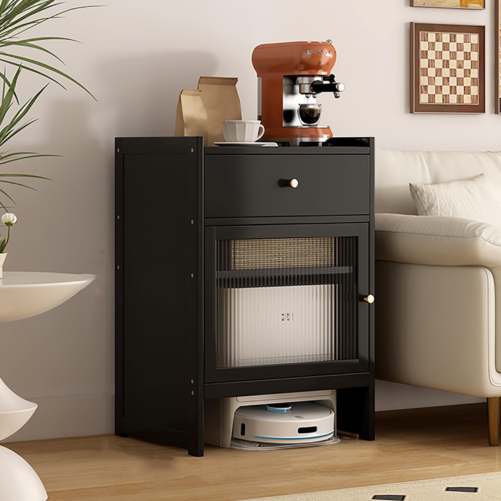 Table d'appoint de rangement noir avec portes et tiroirs salon bureau