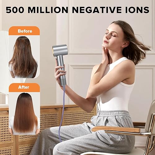 Miniatura 4 de Secador de pelo, motor sin escobillas de 150,000 RPM, secado ultrarrápido con 3 ajustes de calor y luces LED, tecnología de iones negativos