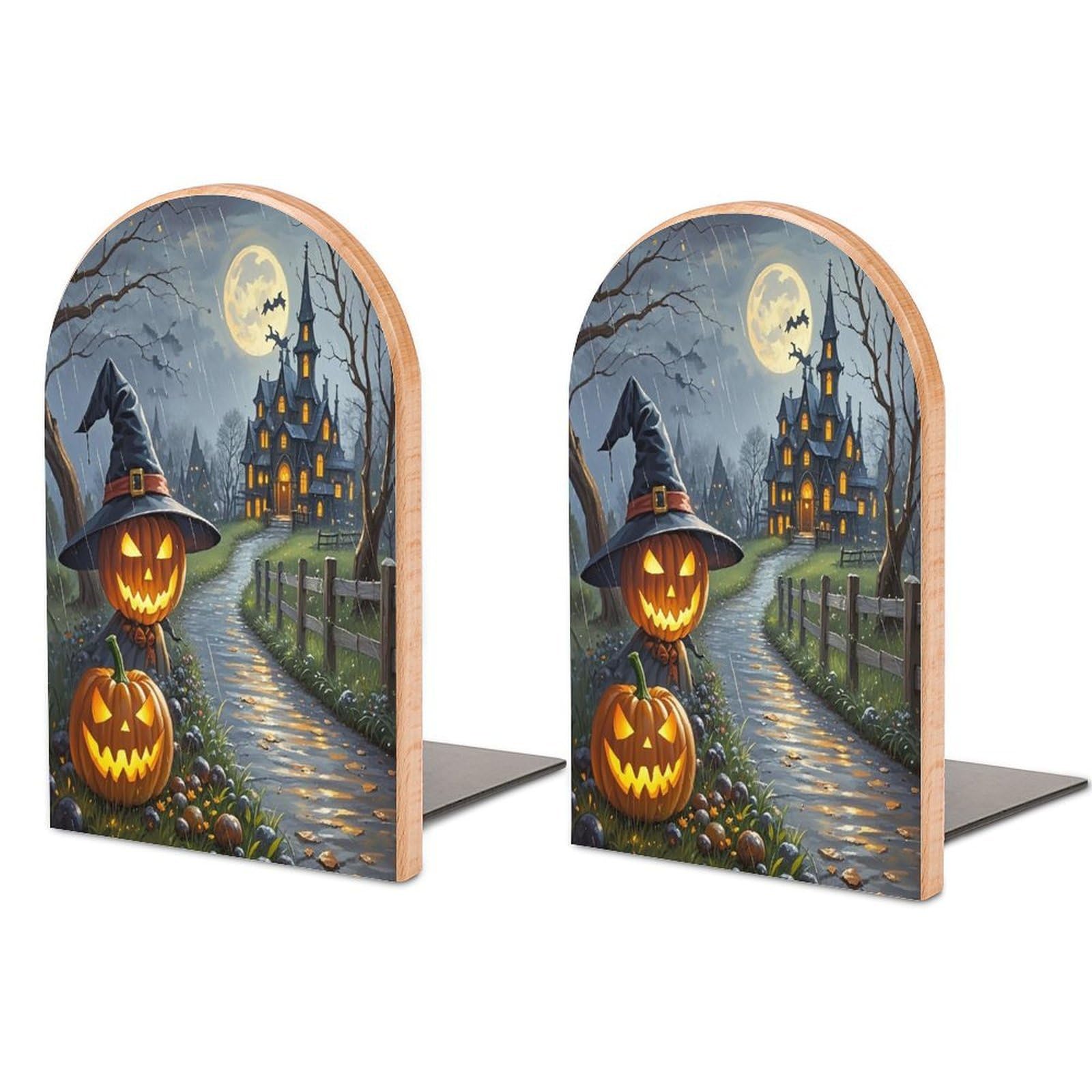 Smiling Strange Pumpkin Lantern Bookend for Shelves Unique Book End Sturdy Books Holder Heavy Duty Wooden Bookends Support Non-Slip Book Organizers Decorative Modern Bookend Holder for Home