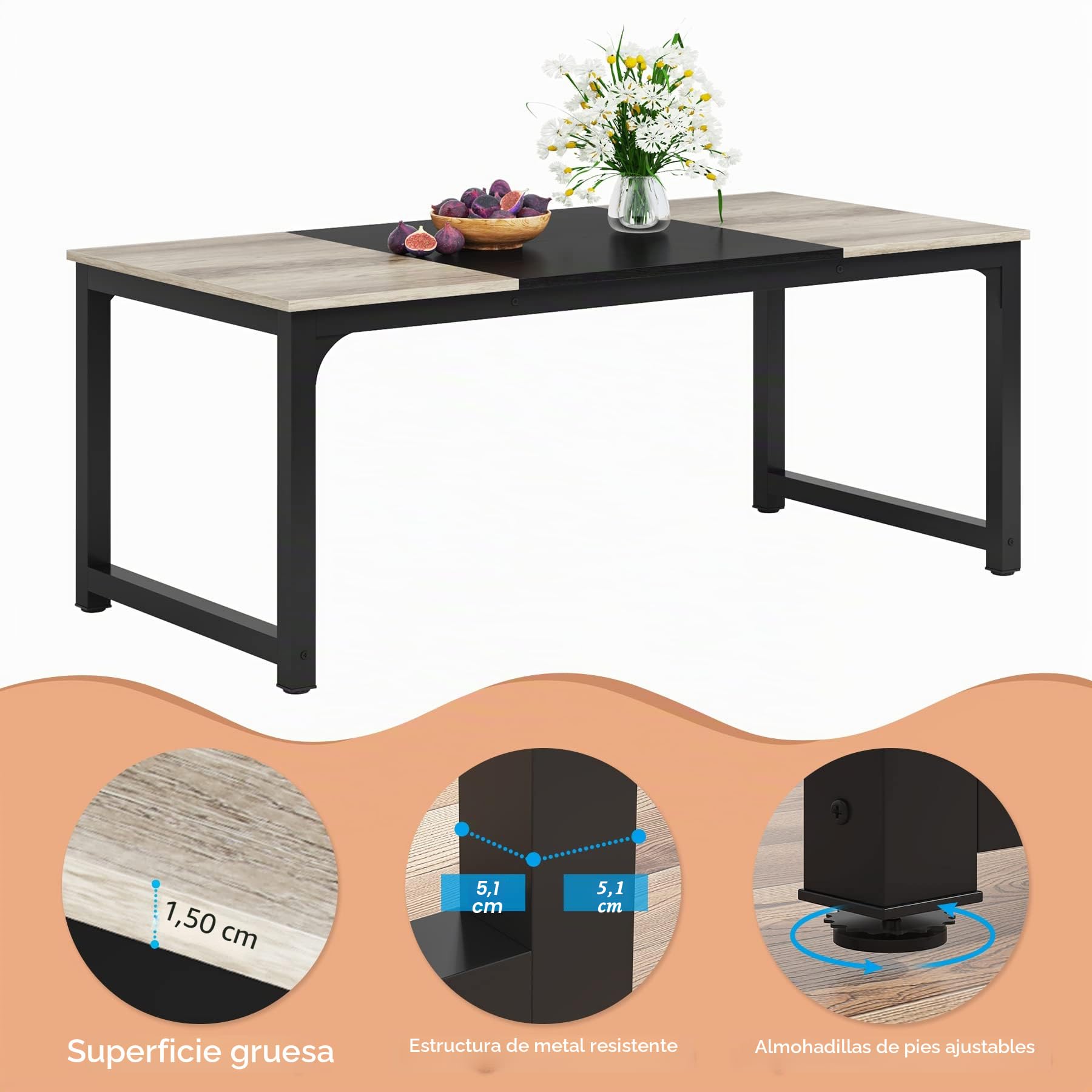 Tribesigns Mesa de comedor de 180 x 80 cm, mesa de cocina industrial para 6-8 personas, mesa rectangular para comedor, cocina, sala de estar, con robustas patas de metal (Gris vintage)