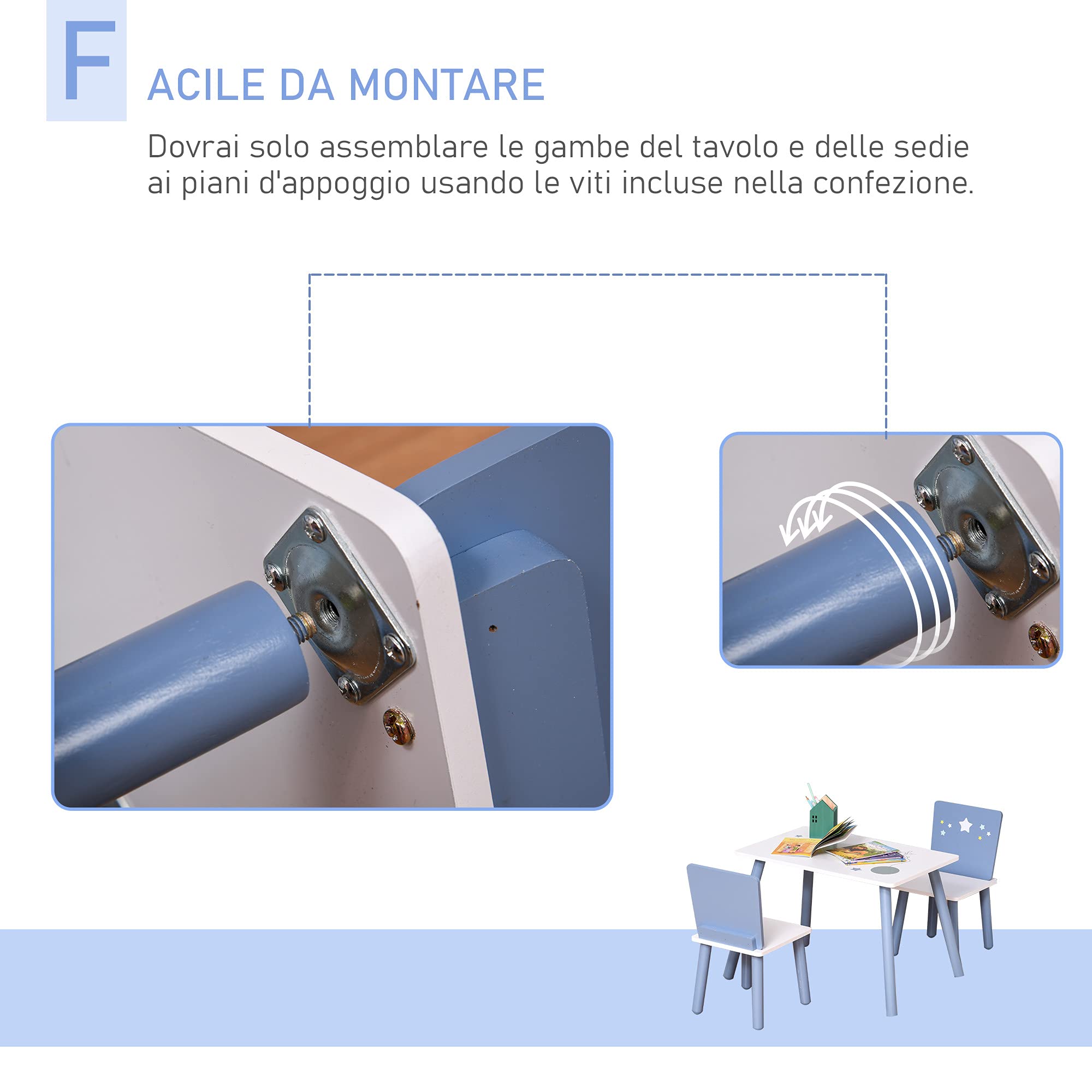 HOMCOM Tavolo e Sedie per Bambini, Tavolino per Bambini 2-4 Anni, in Legno Azzurro e Bianco, Set 3 Pezzi