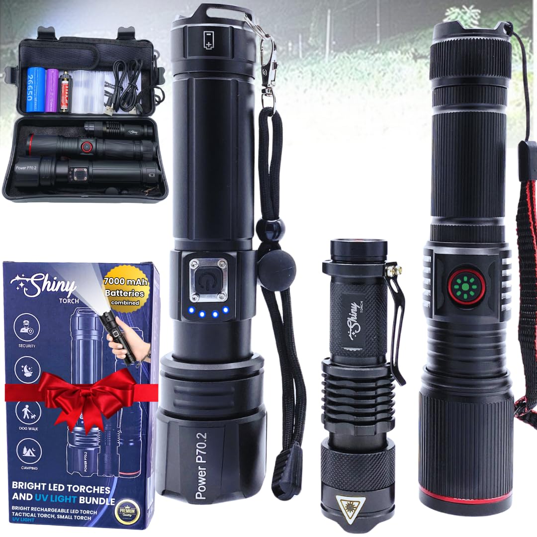 Shiny Torch Power P70.2 Bundle: Bright LED Rechargeable Torch & Flashlight - Includes Small Led UV Light, Tactical Flashlight for Camping, Heavy Duty Torches Led Super Bright Torches Battery Powered.