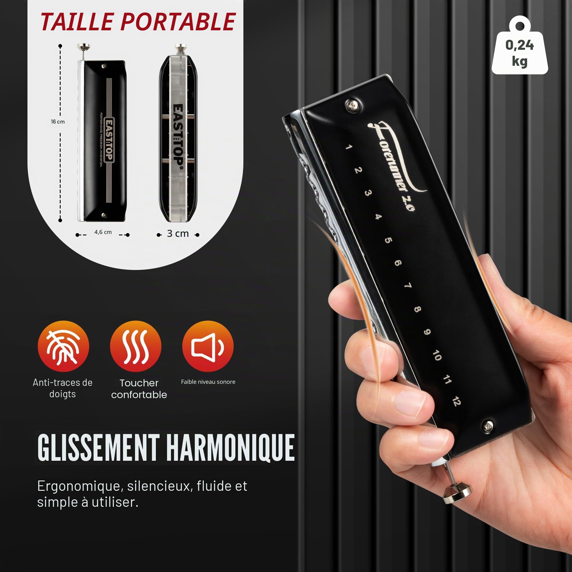 EAST TOP Forerunner 2.0 Sans Valves Harmonica chromatique à 12 trous 48 tons touche en C pour adultes, débutants et étudiants