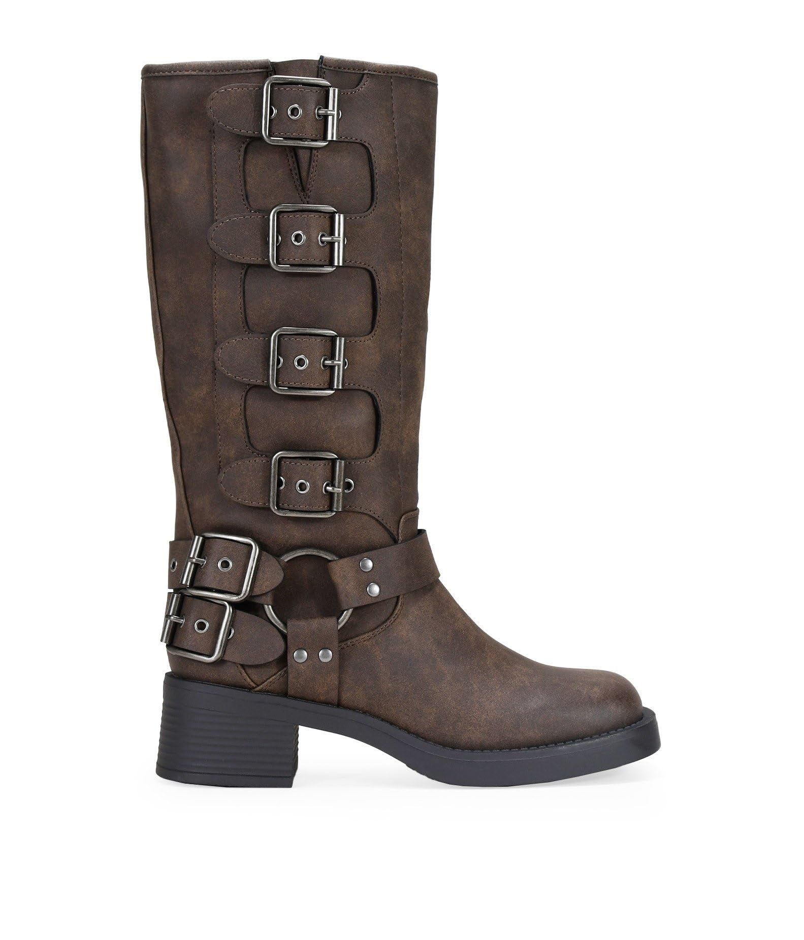 BOSANOVA Stivali alti stile biker realizzati con dettaglio ad anello metallico e fibbie decorative sulla canna e suola piatta con tacco leggero da 4,7 cm senza chiusura. Scarpe da donna