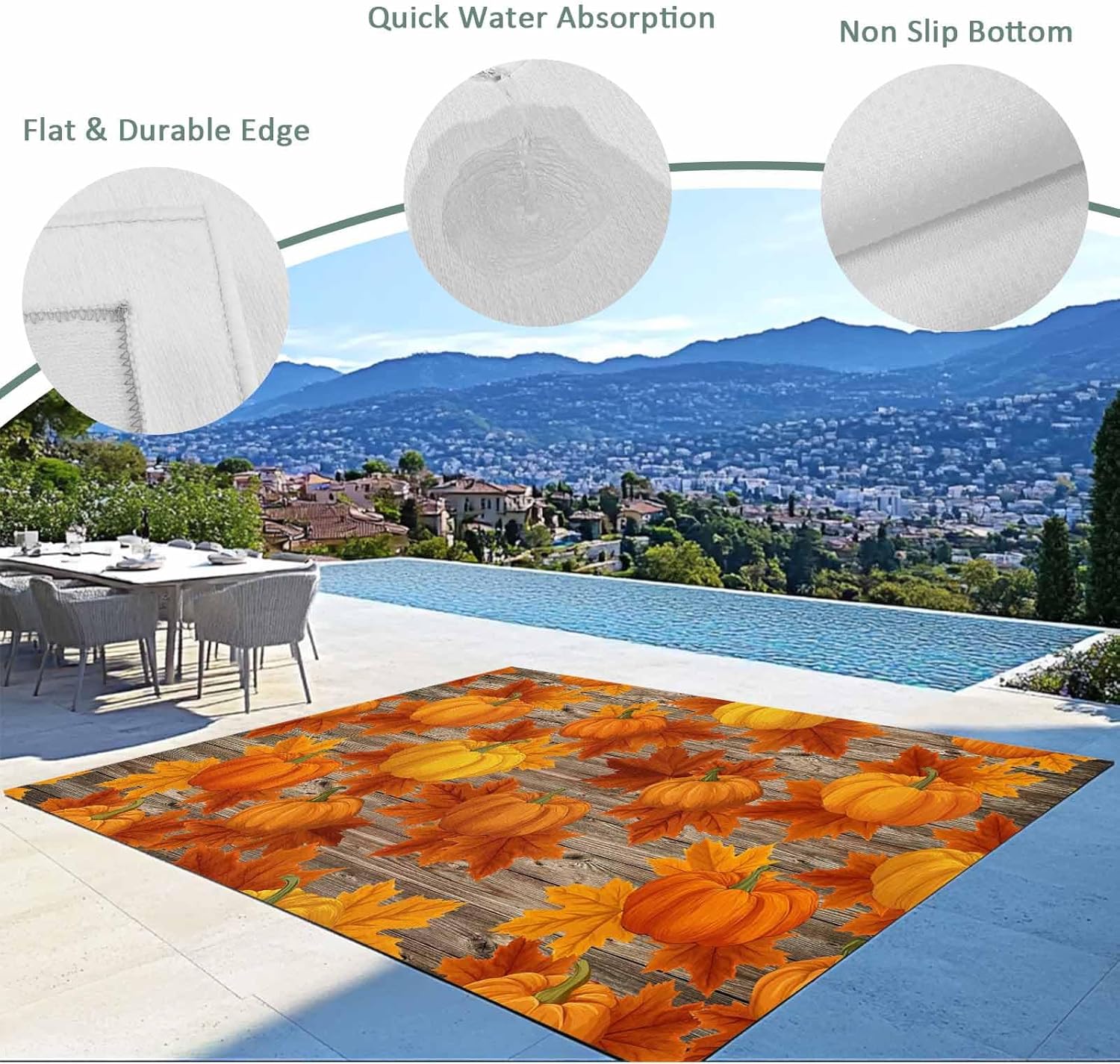 Fall Outdoor Rug 4x6 ft Orange Pumpkin Outdoor Large Area Rug Non Slip Harvest Autumn Maple Leaf Wood Thanksgiving Front Door Mat RV Rug Carpet Patio Outdoor Rugs for Backyard Balcony Porch