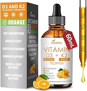 VivoNu Vitamin D3 K2 Tropfen – 20.000IE D3 + K2-MK7 ≥99,8% all-trans 400µg - Magnesiumbisglycinat + Vitamine C, Omega 3 & Zinc – Orangengeschmack – 60 ml