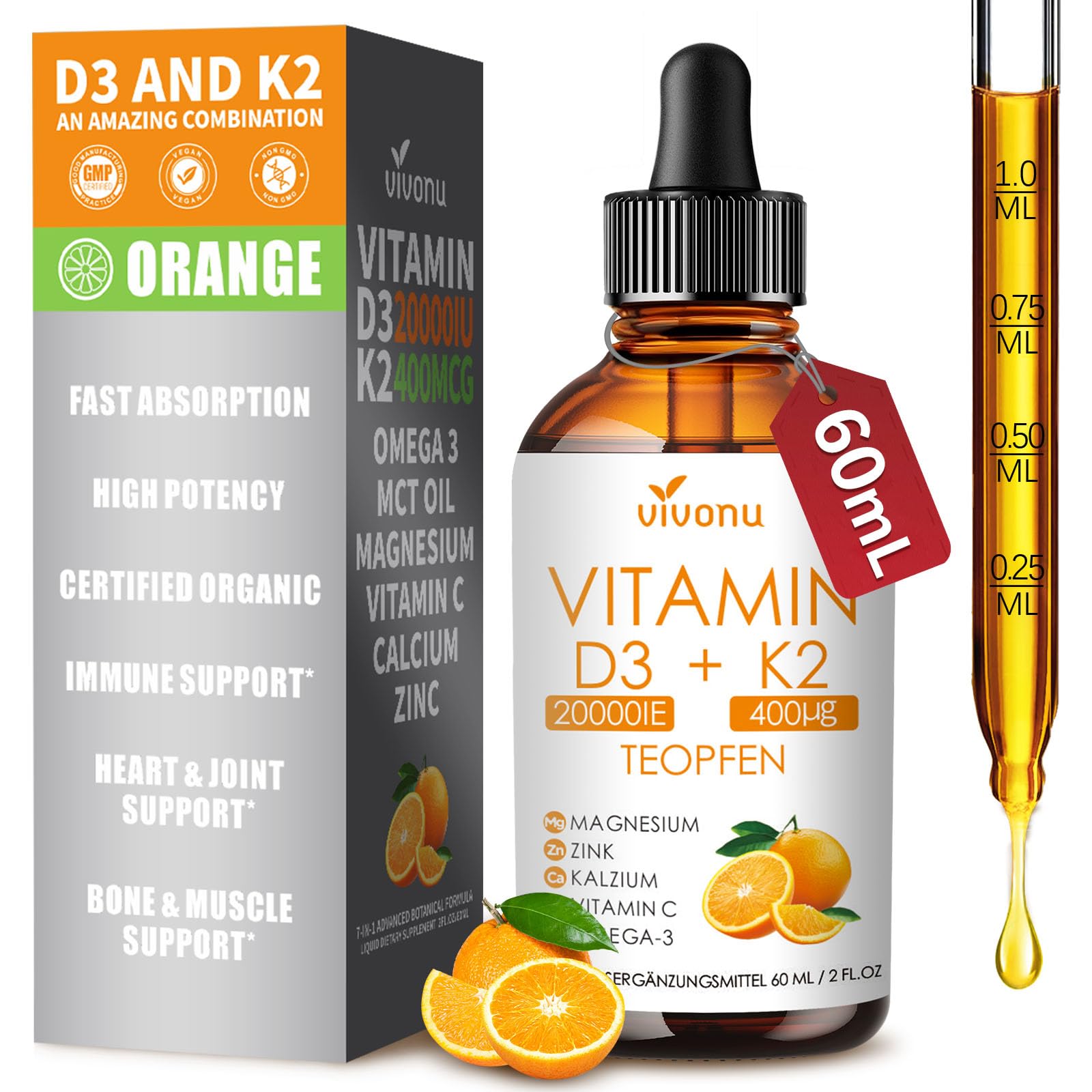 VivoNu Vitamin D3 K2 kapi 20.000 IU s magnezijem