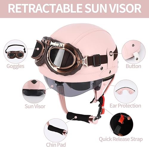 Miniatura 4 de Casco de motocicleta rosa, medio casco de cuero de estilo alemán, casco de motocicleta para mujer, aprobado por DOT, casco de media cara con gafas,