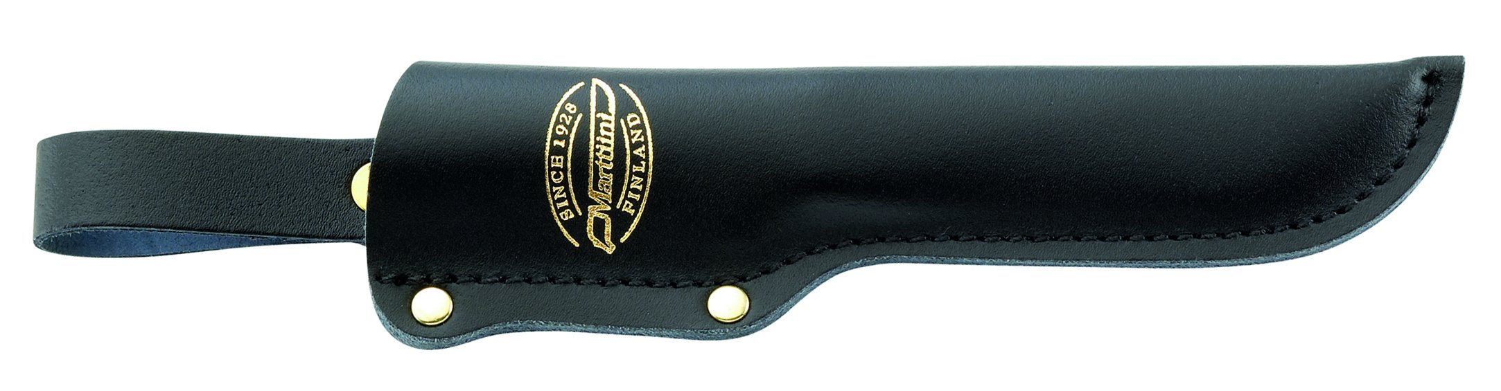 Marttiini Jagdmesser, rostfreie Klinge, Klingenbeschichtung, Gummi-Griff, Fingerschutz, Lederscheide mit Gürtelschlaufe, Schwarz