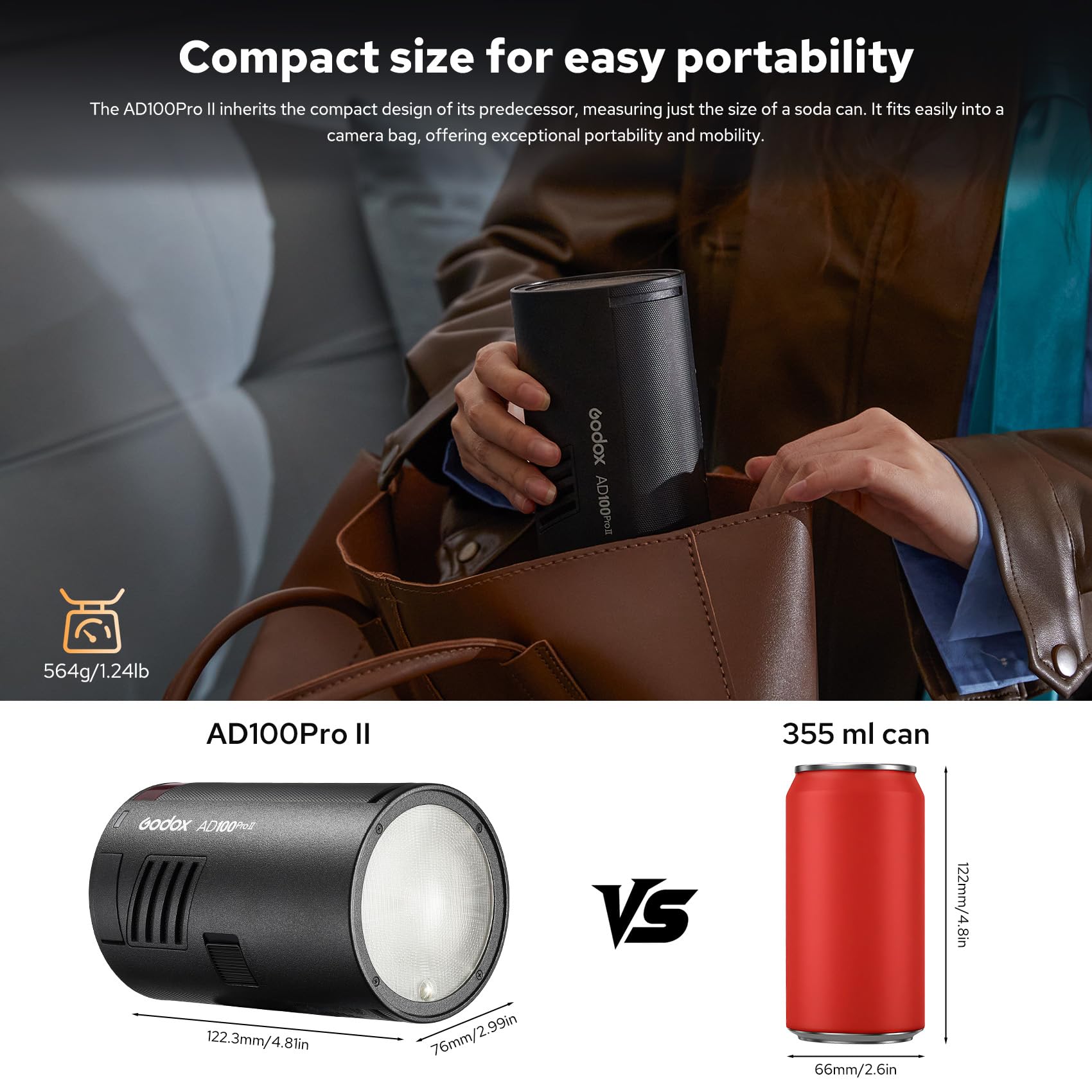 GODOX AD100ProII Pocket Flash Speedlite 100Ws TTL HSS 1/8000s 2,4GHz Strobe Light 0,01s-1,5s Riciclo LED 2W Batteria 7,2V 2850mAh