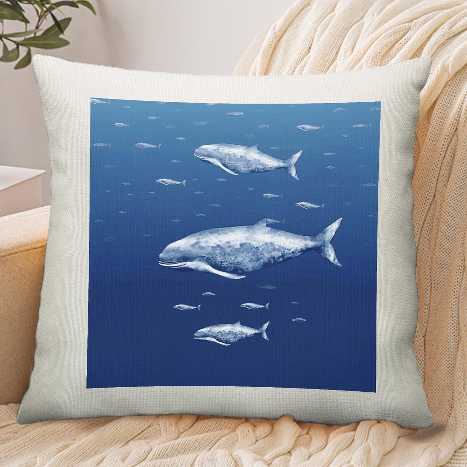 Adfgyerh Style Small Blue Whale Swimming Pillow Cover Breathable,Pillowcases Boho Decorative Envelope Closure,Throw Pillow Covers For Beach,Patio,Balcony,Couch Living Room 18 * 18In