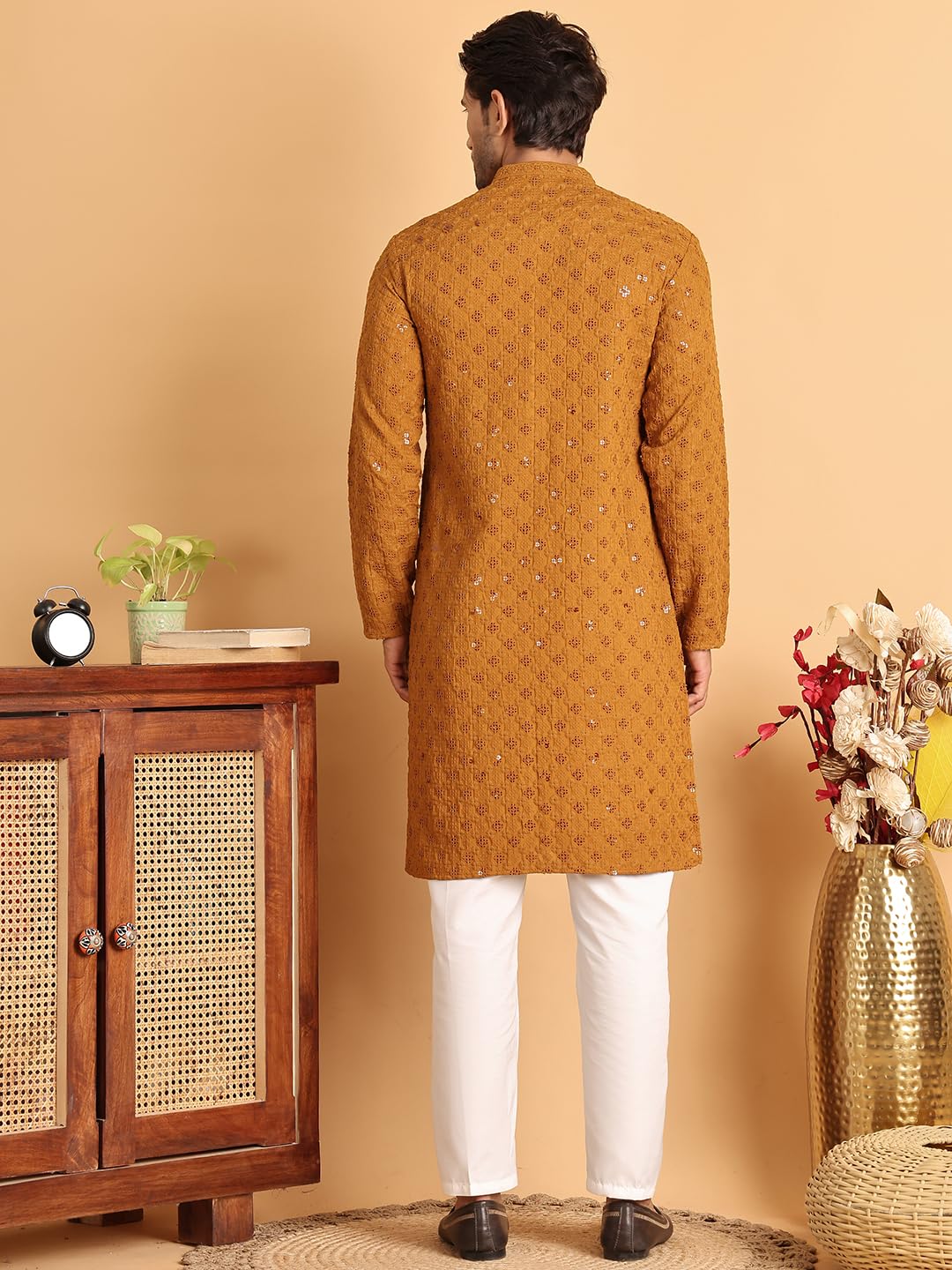 Jompers Mustard Embroidered & Sequins Straight Kurta Set For Men (Mustard, L)