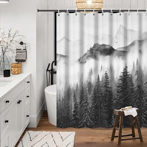 Miniatura 3 de Cortina de ducha de montaña en blanco y negro, juego de cortina de ducha abstracta de bosque brumoso para hombre, impermeable, paisaje natural,