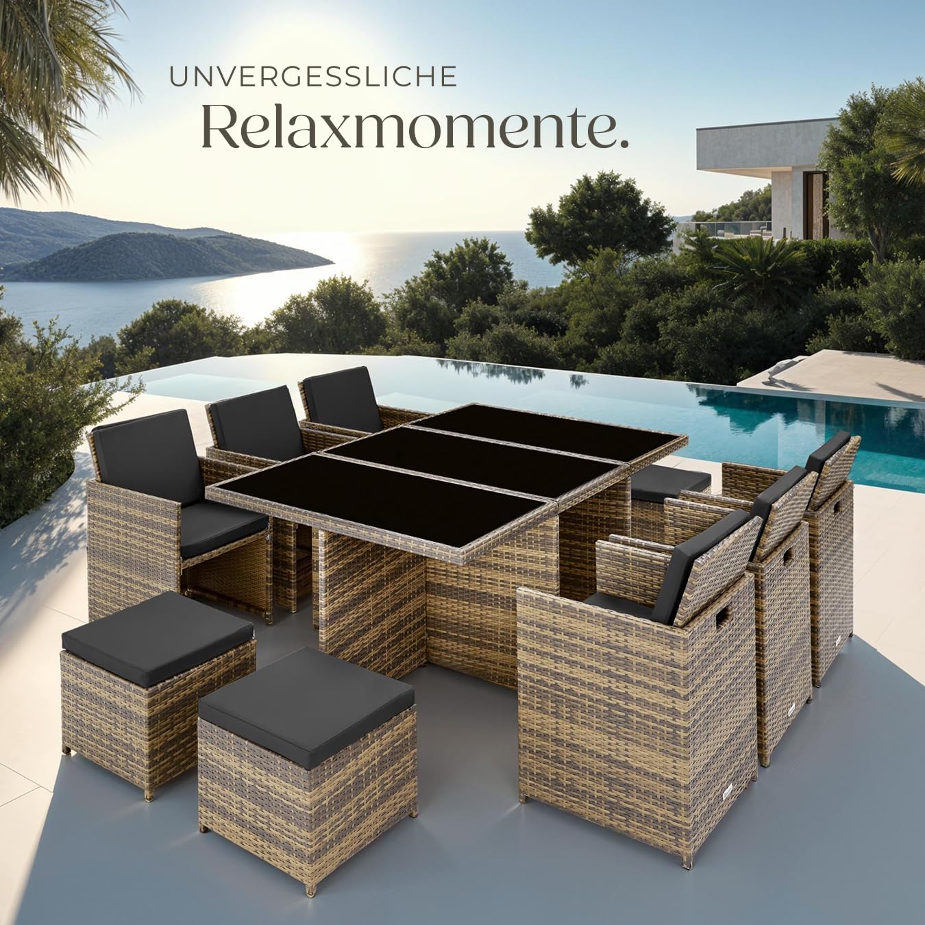 tectake® Polyrattan Gartenmöbel Set, Sitzgruppe mit 6 Stühle + 1 Glasplatte Tisch + 4 Hocker, Gartenlounge Set klappbar mit Aluminium Gestell, für 10 Personen, Balkon Möbel, inkl. 2 Bezugsset - Natur