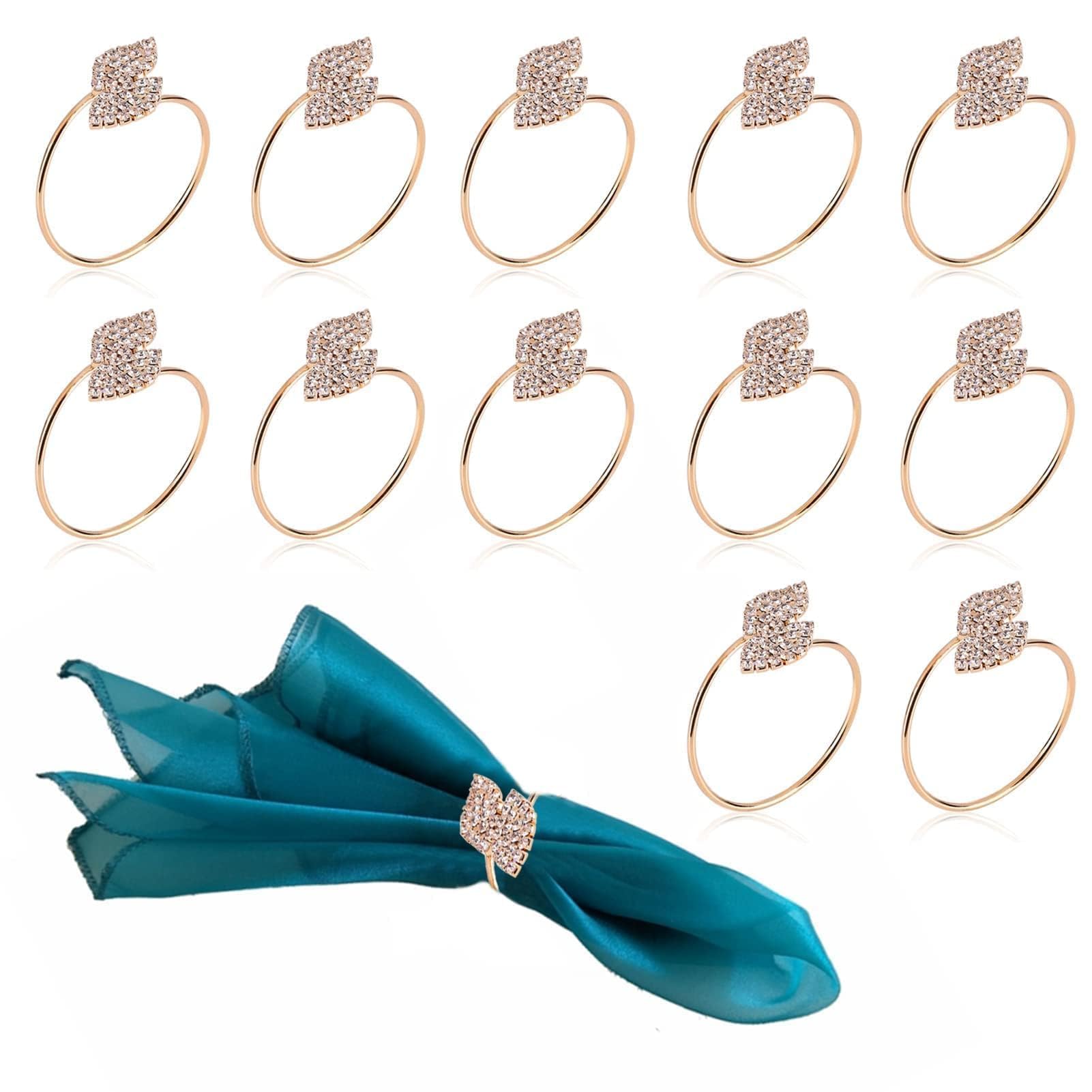 Cyrank Rose Gold 12Pcs Napkin Rings, Rhinestone Napkin Rings Buckles Metal Napkin Rings Serviette Ring Holder Napkin Ring Set Household Napkin Buckle For Table Decorations, Wedding, Dinner, Party