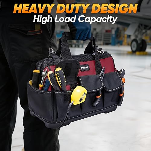 Miniatura 8 de TICONN Bolsa de herramientas resistente con múltiples bolsillos, organizador de caja de herramientas portátil, bolsa de almacenamiento, con correa