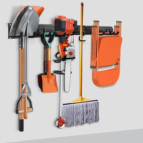 Estante de almacenamiento de herramientas de jardín, ganchos para herramientas eléctricas al aire libre para organización de pared de garaje con 6