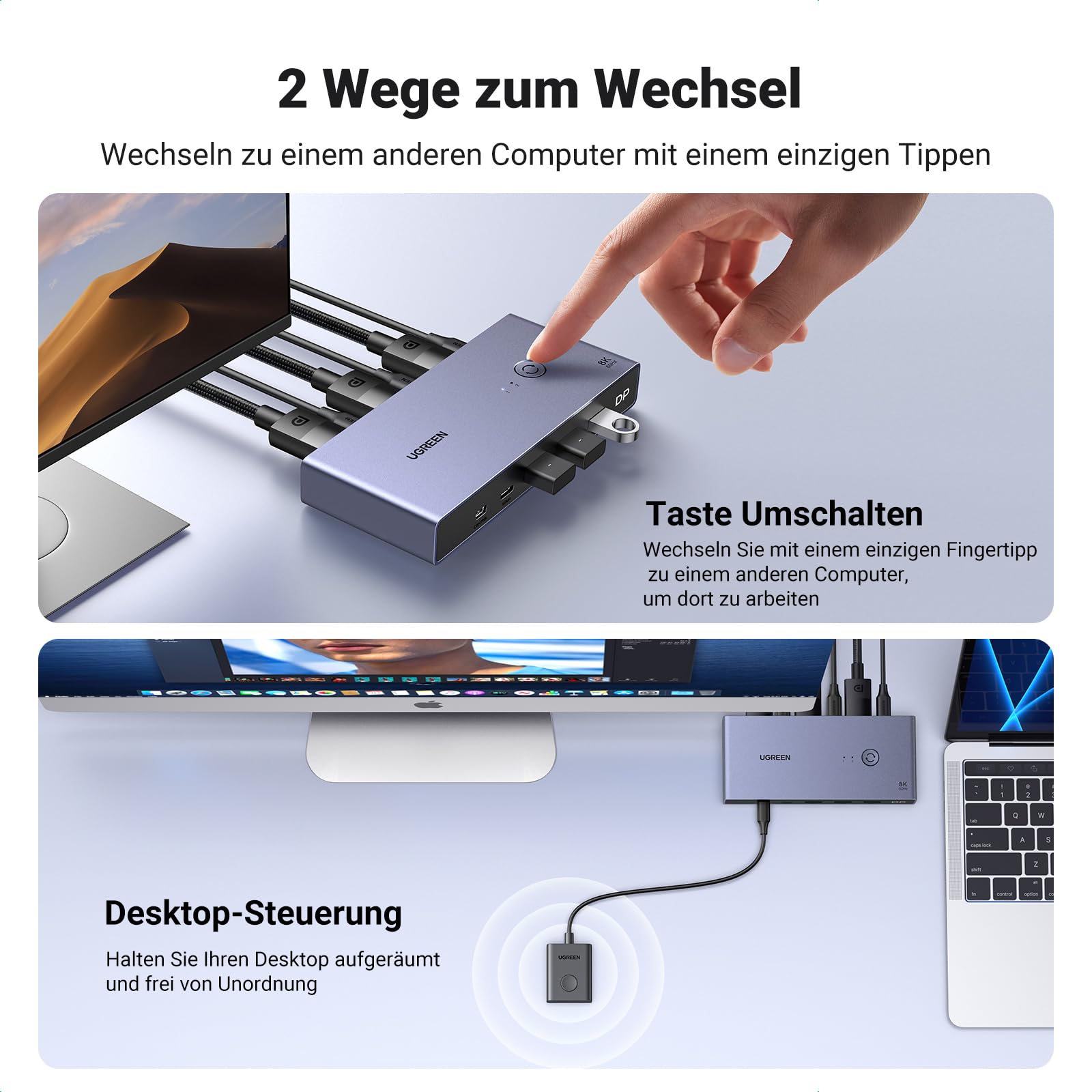 UGREEN Displayport KVM Switch 8K@60Hz, DP 1.4 mit 4 USB 3.0 Ports Unterstützt 8K@60Hz 4K@240Hz Share 1 Monitor Tastatur Maus U-Disk Drucker, mit 2 DP Kabeln, 2 USB A zu C Kabeln