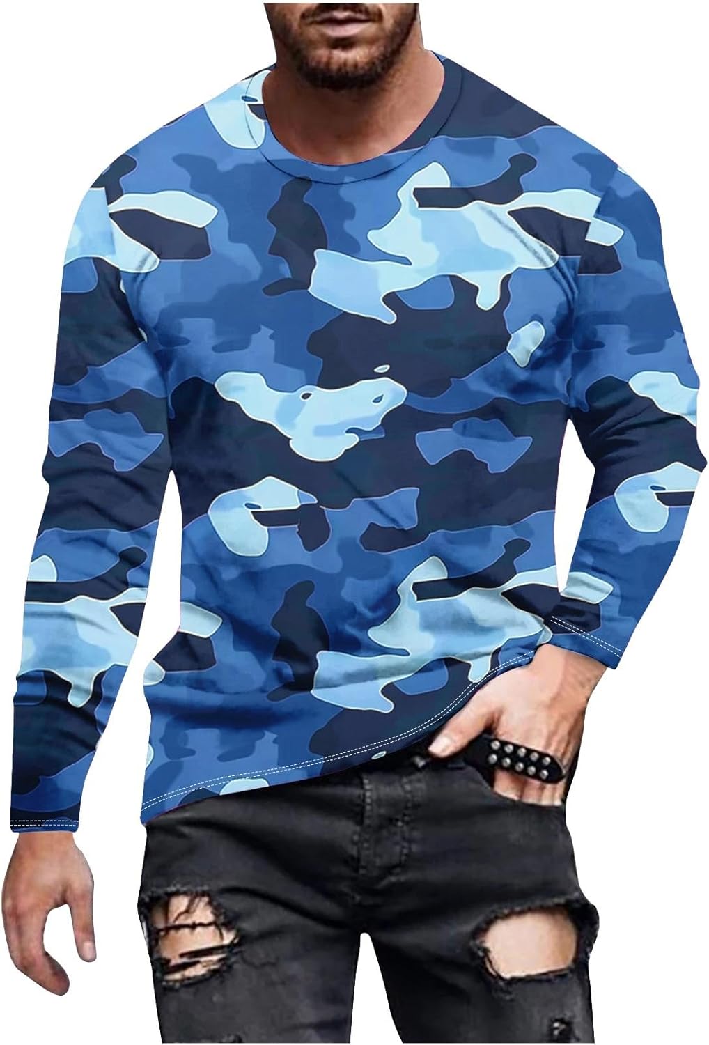 Long Sleeve Shirts for Men Camouflage Print Casual Stylish Workout Crewneck Cotton Sweatshirts Loose Fit Pullover Tees 07# Blue Small - Image 1 of 5