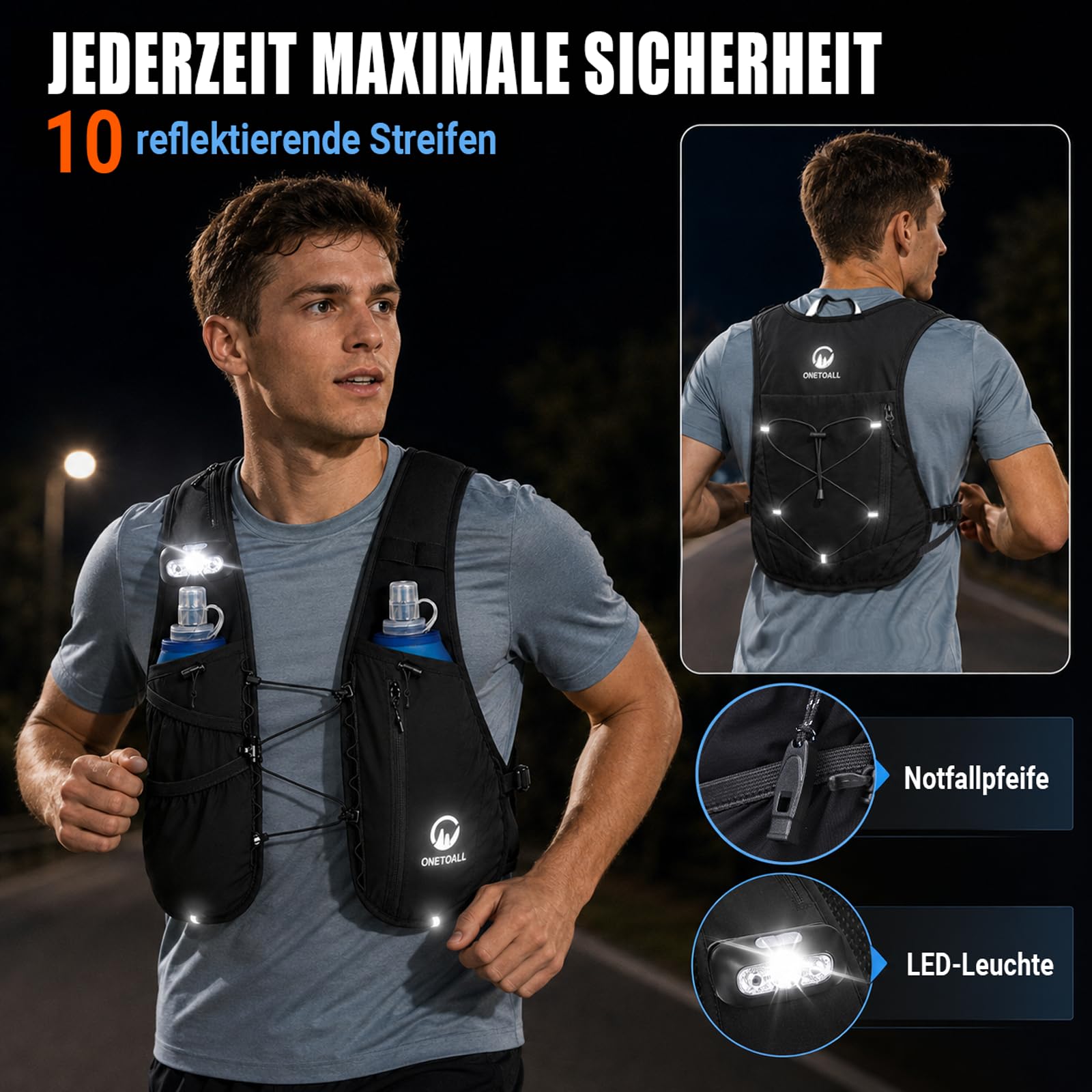Laufweste Damen & Herren mit Zwei 500ml Trinkflaschen, Verstellbare Running Vest mit Lauflicht für bessere Sichtbarkeit, Atmungsaktiver Laufrucksack Trinkrucksack für Laufen Wandern Joggen