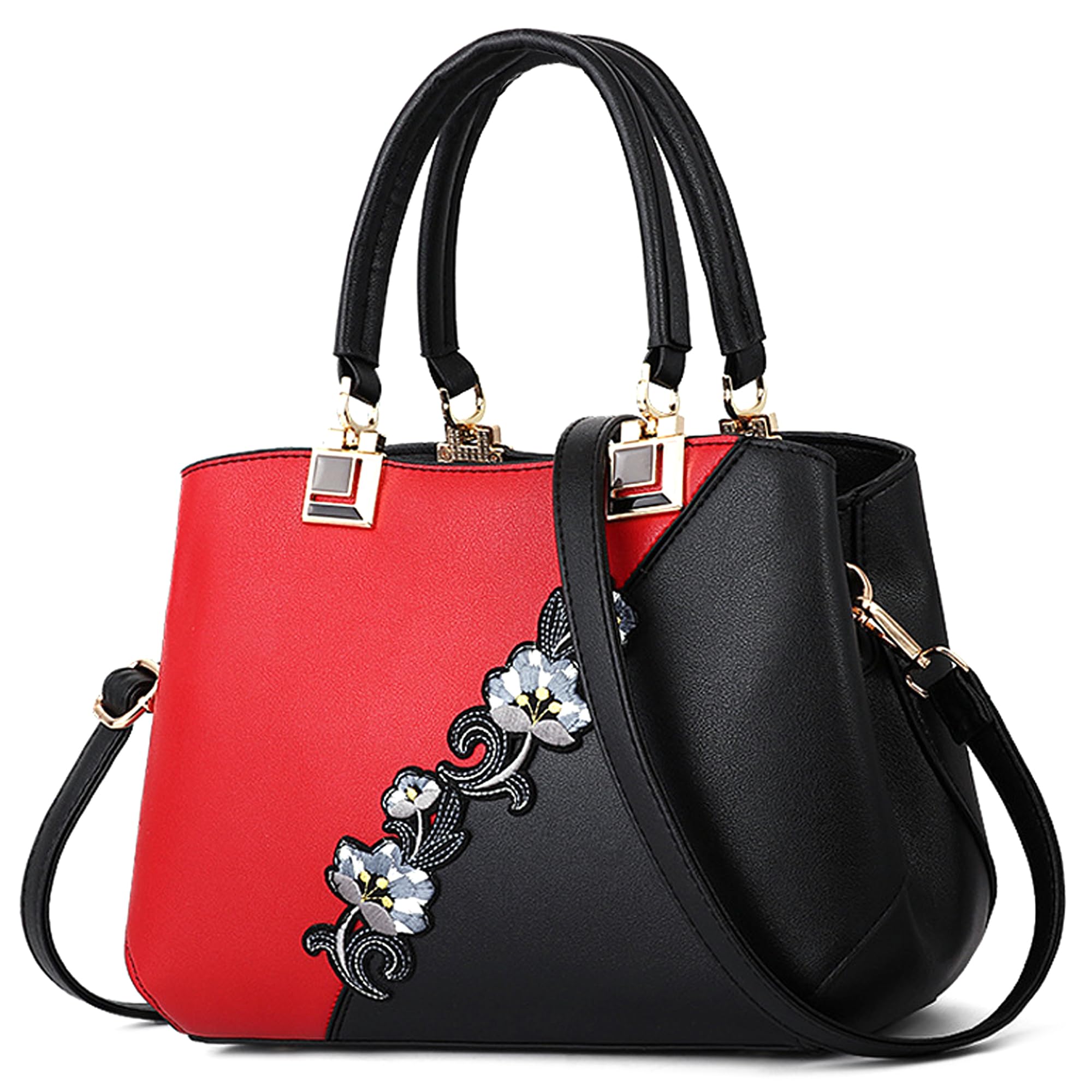 VARLIVOO Sac a Mains Femme Cuir PU Élégant Sac Bandouliere avec Broderie Florale Sacs à Main portés Main Classe pour Shopping Travail Voyage Fête Quotidien Rouge