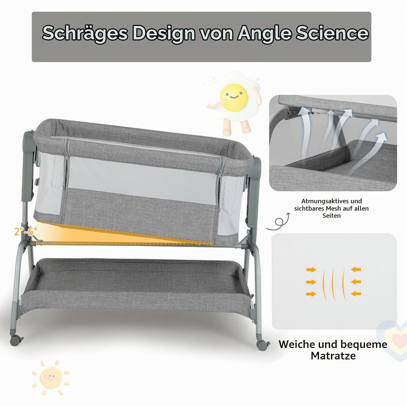 LIFEZEAL Babybett mit Moskitonetz, Baby Beistellbett mit Matratze & Rollen, Reisebett 6 Höhenverstellungen, Tragbares Babywiege für Baby 0-6 Monate, Stubenwagen mit Aufbewahrungskorb (Grau)