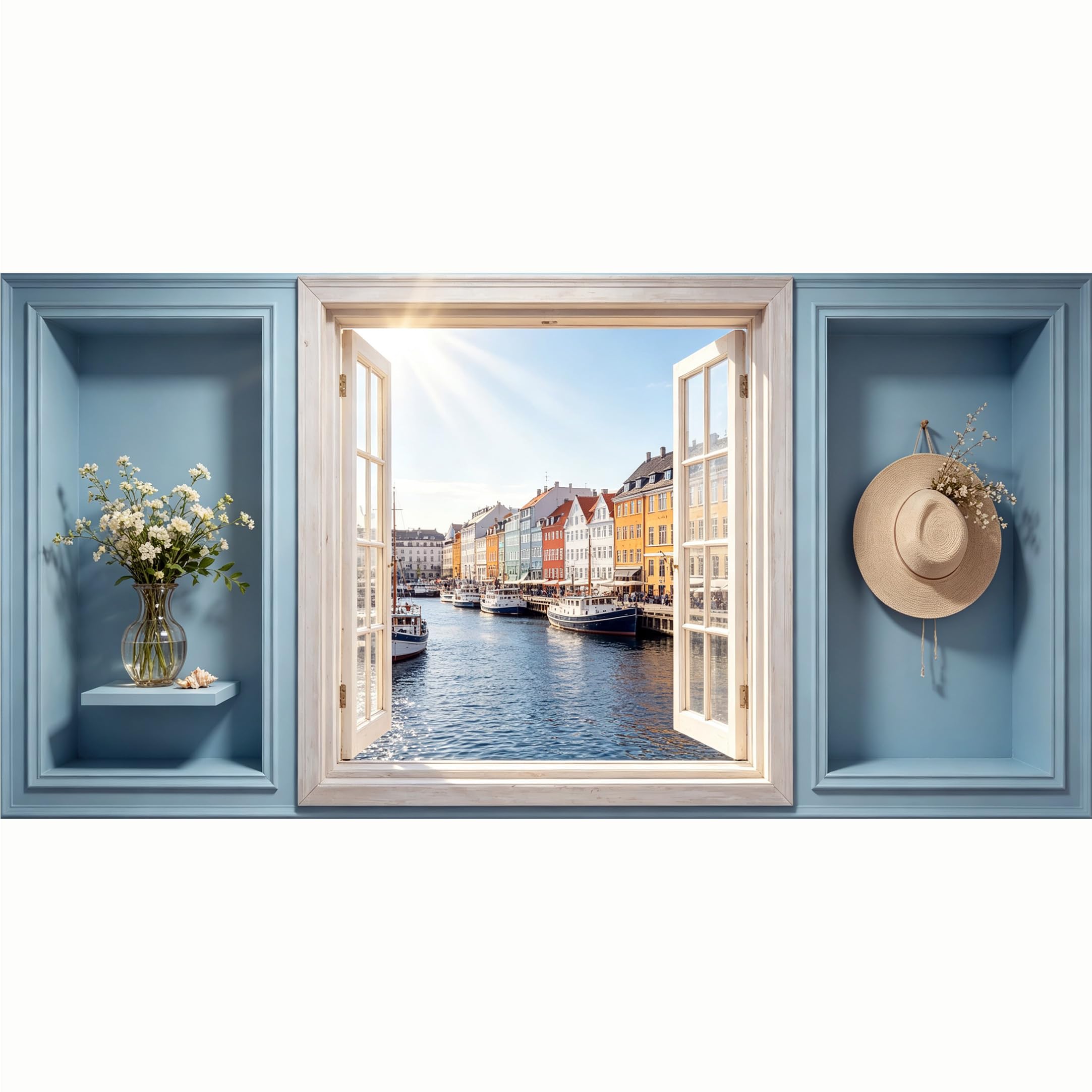 QZLITHOTIC 50x100cm 3D Framed Wall Art， Coastal European Waterfront Harbor View Self‑Adhesive Mural， Water‑Activated Peel & Stick Fabric Decor Wall Decal for Bedroom Living Room