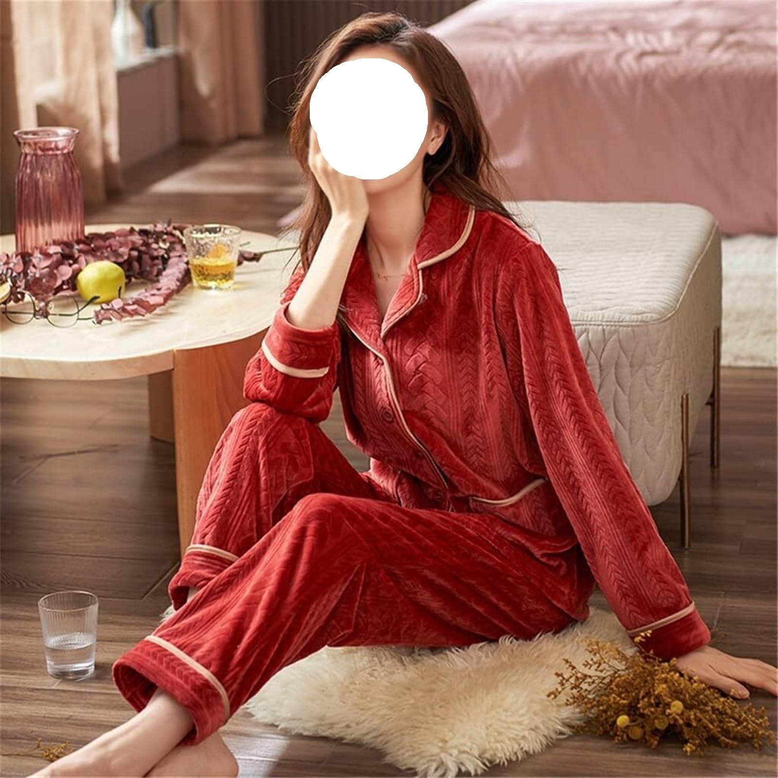 Bata de Casa Conjunto De Pijamas Cálidos Invierno Para Mujer, Ropa Dormir Gruesa Manga Larga, Pantalones Completos, Casa Bathrobe