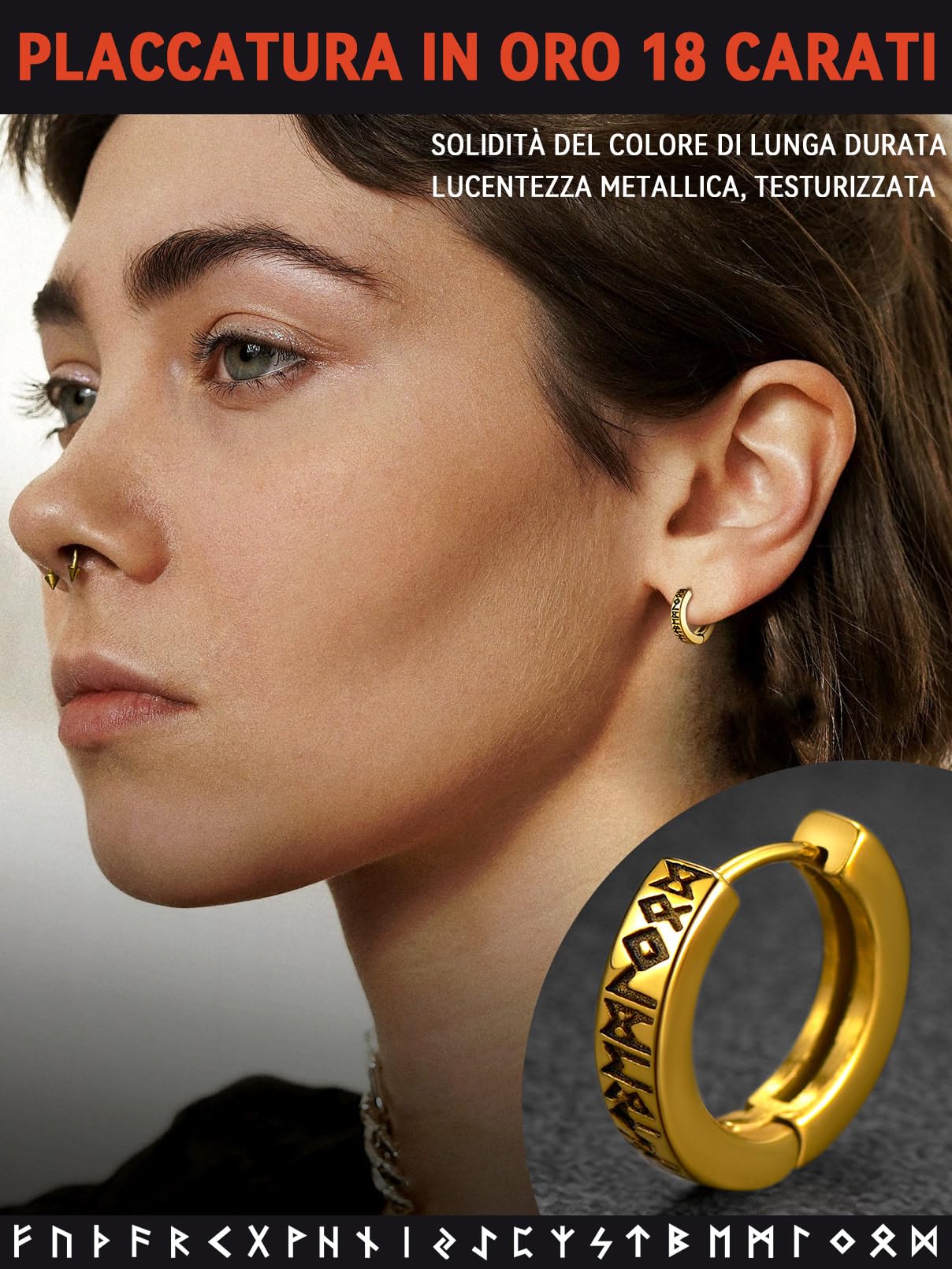 FaithHeart Uomo Donna Orecchini Cerchio di Rune Vichinghe Rune Celtiche Orecchini Cerchio Argento 925 / Acciaio Inox Antiallergico con Onice Gioielli Amuleto Nordico