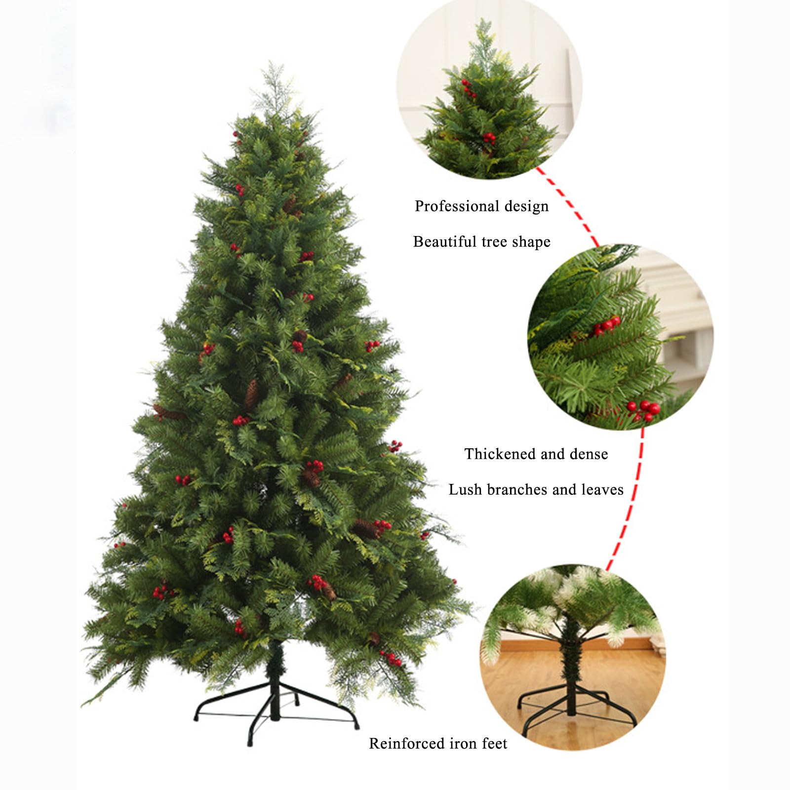 Albero Natale Artificiale, Albero Natale Incernierato in Abete Rosso Misto, Facile Montare Con Supporto in Metallo, Decorazione Natalizia Per Interni Ed Esterni Con PVC+PE+Pigna+Frutta Rossa,4ft