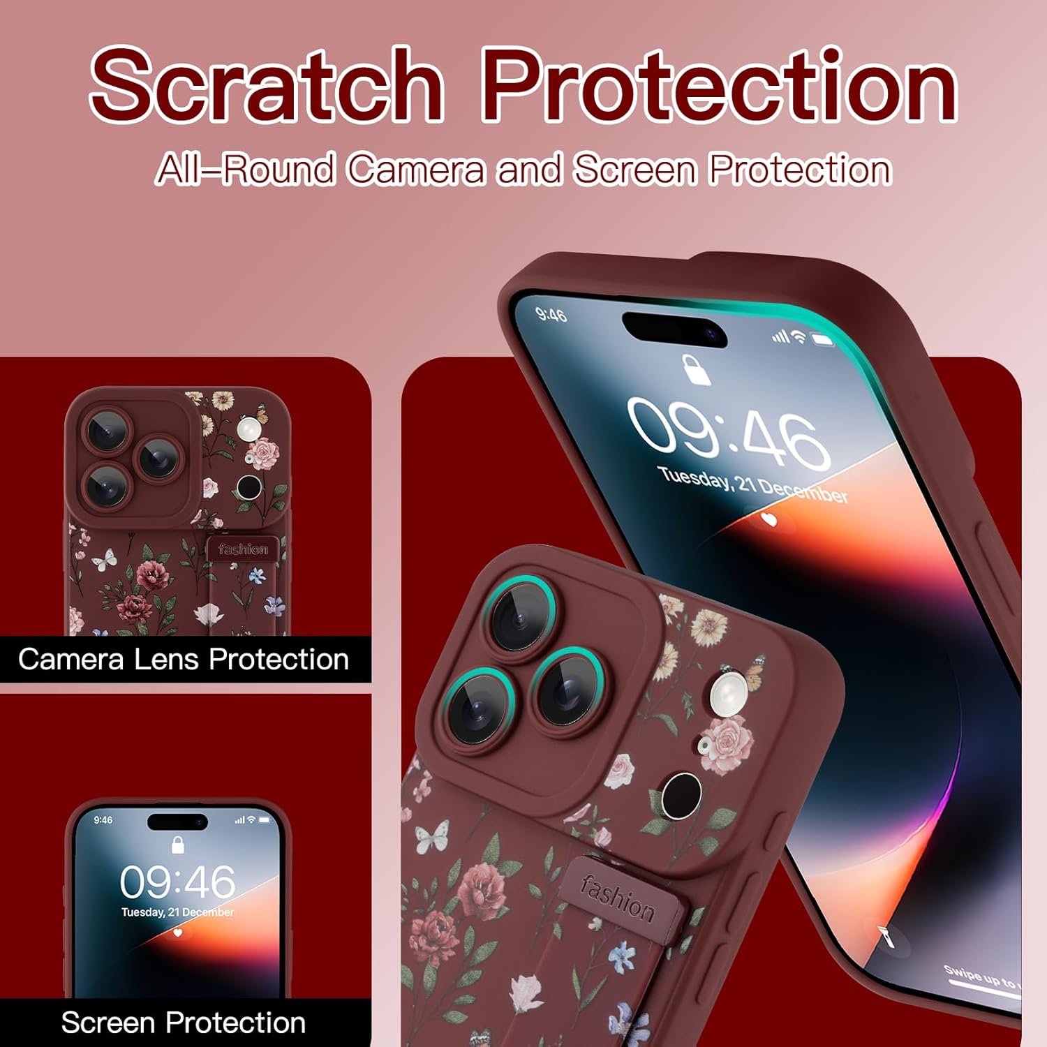 Compatible with iPhone 17 Pro Max Case with Wrist Strap, Cute Floral Flower Pattern, Soft TPU Phone Cover, Adjustable Wristband Kickstand Shockproof Protective Case for Girl Women, Burgundy - Image 2