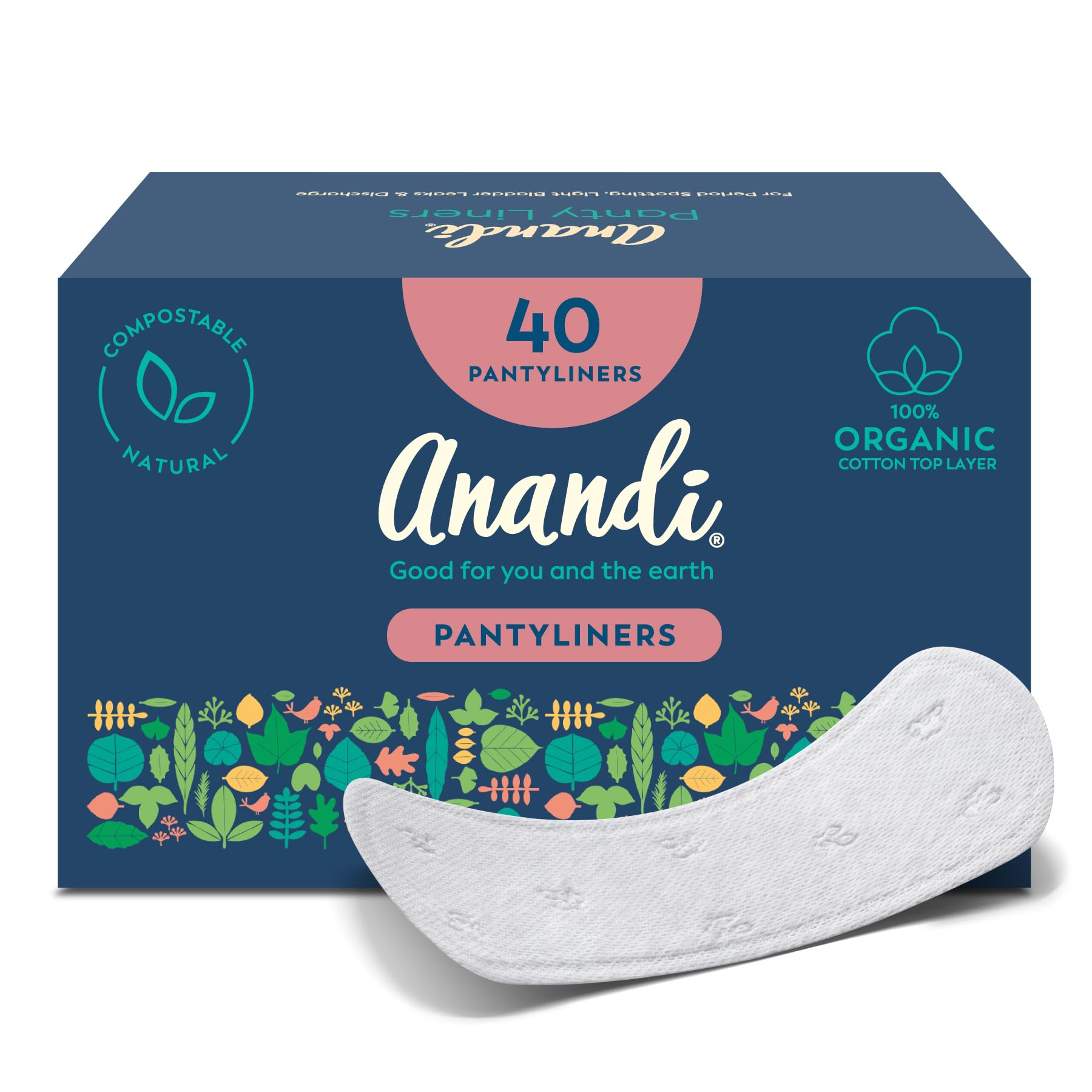 Anandi Panty Liners For Women | Daily Use Liners 190mm - 40 Pieces | Biodegradable Compostable Organic Liner | Certified 100% Organic Cotton Top Sheet