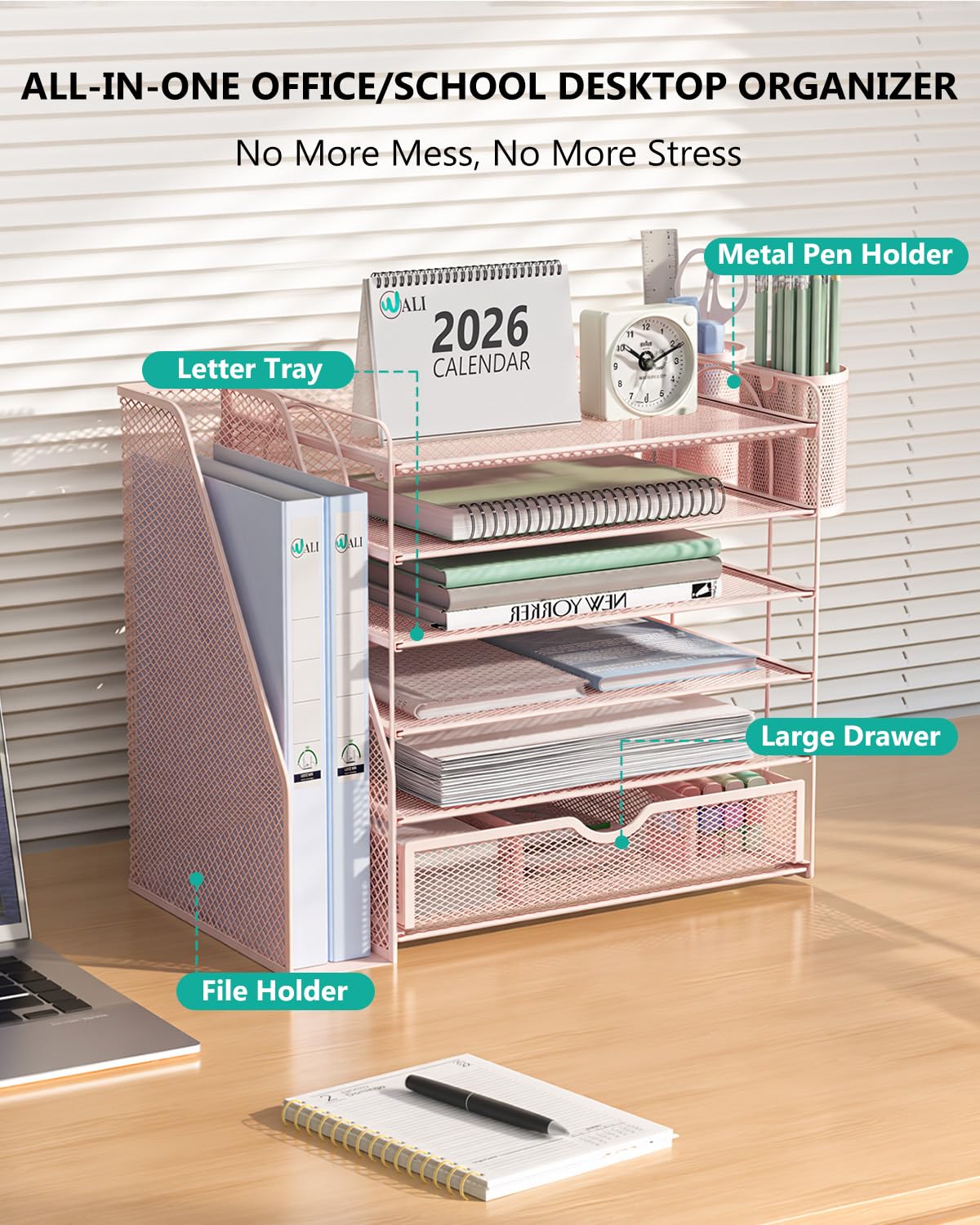 WALI Desk File Organizer, 6 Tier Desktop Paper Letter Tray Organizer with Drawer and 2 Pen Holders, Office Desk Accessories & Workspace Organizers for Office, Home Supplies(DO007DH-P), 1 Pack, Pink view 3