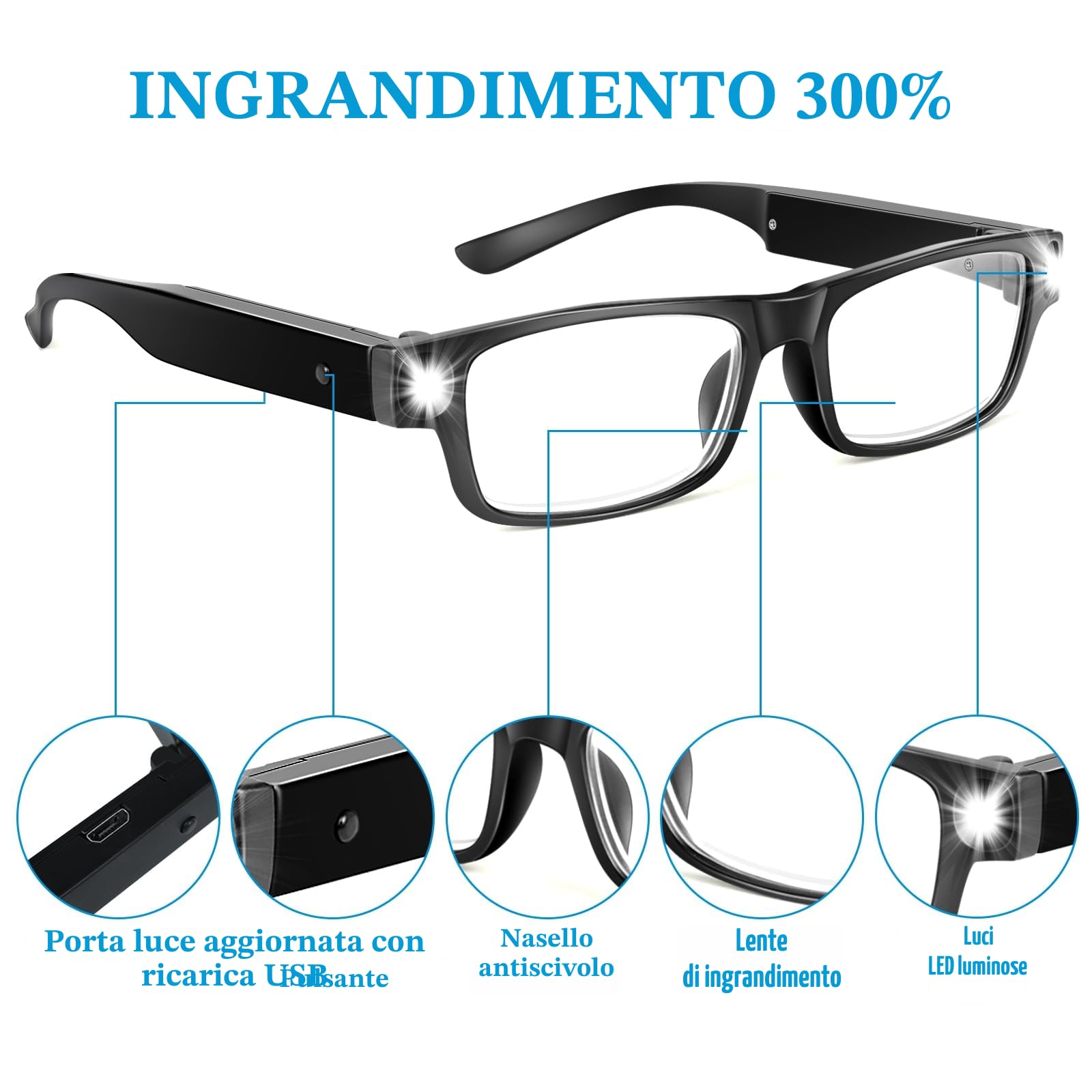 Occhiali di Ingrandimento con Luce LED Ricaricabili USB 300% a Mani Libere per Lettura Hobby