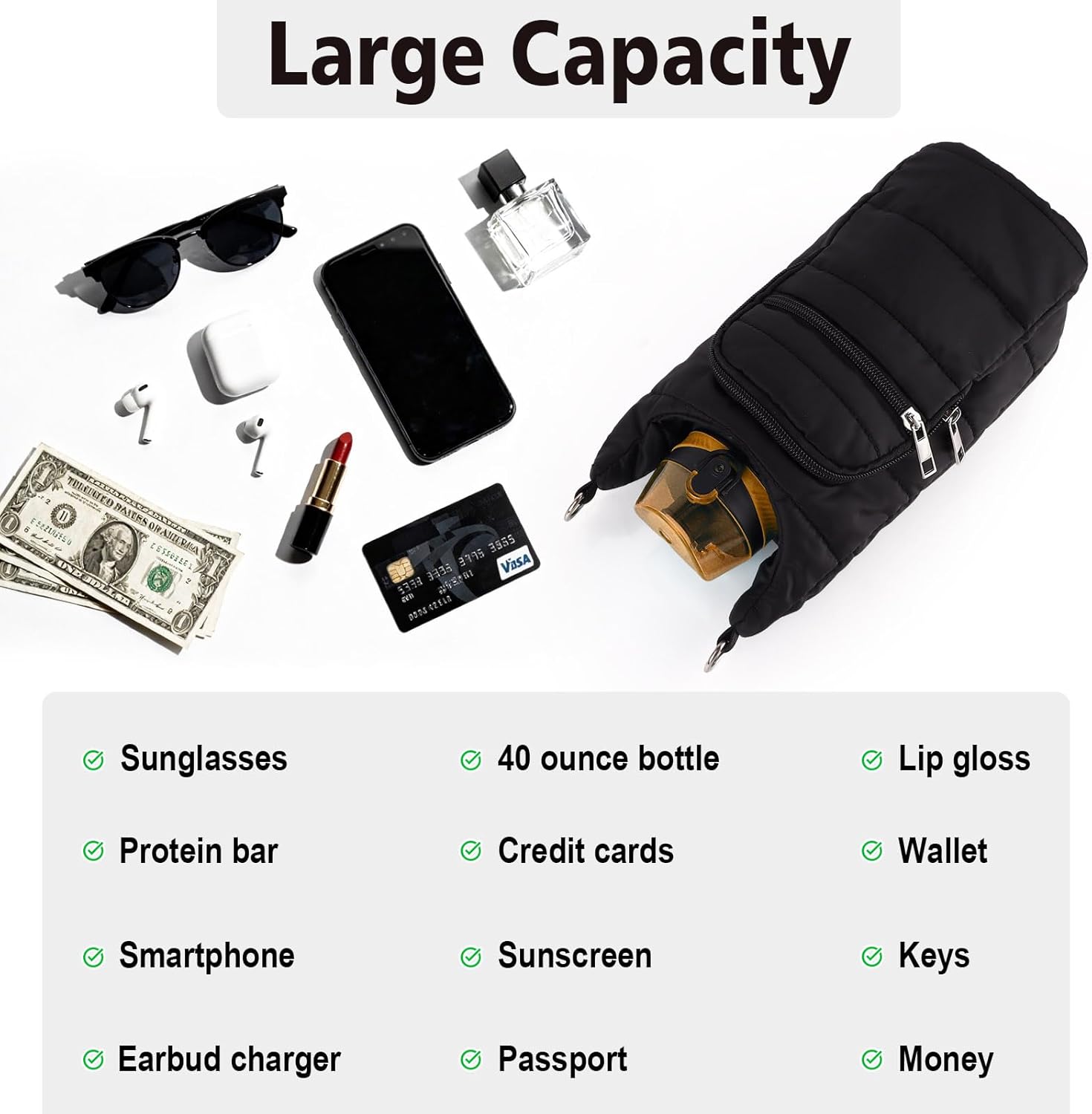 Water Bottle Holder with Strap Water Bottle Carrier Bag Quilted Puffer Sling Purse Crossbody Hydro Bag for Women Walking - Image 4